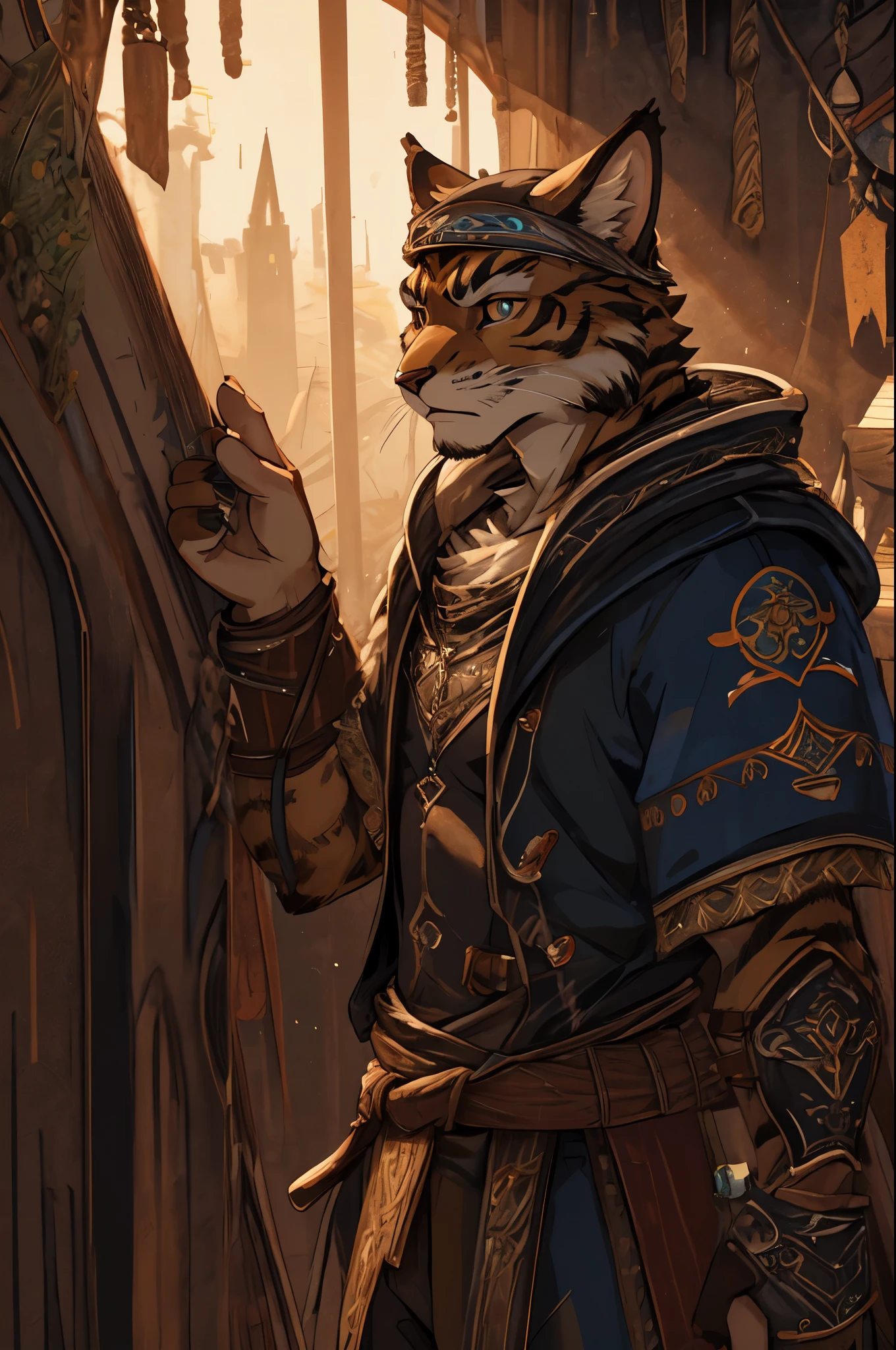 (8k, RAW photo, best quality, masterpiece), a detailed character portrait, clearly worked out detail, (Tabaxi, khajiit), (rogue, thief, bandit), fantasy thief clothes, rpg, dnd, lithe, intricate, cinematic, natural lighting, anime, MAPPA style, raytracing, detailed face, high resolution, (ultra detailed)