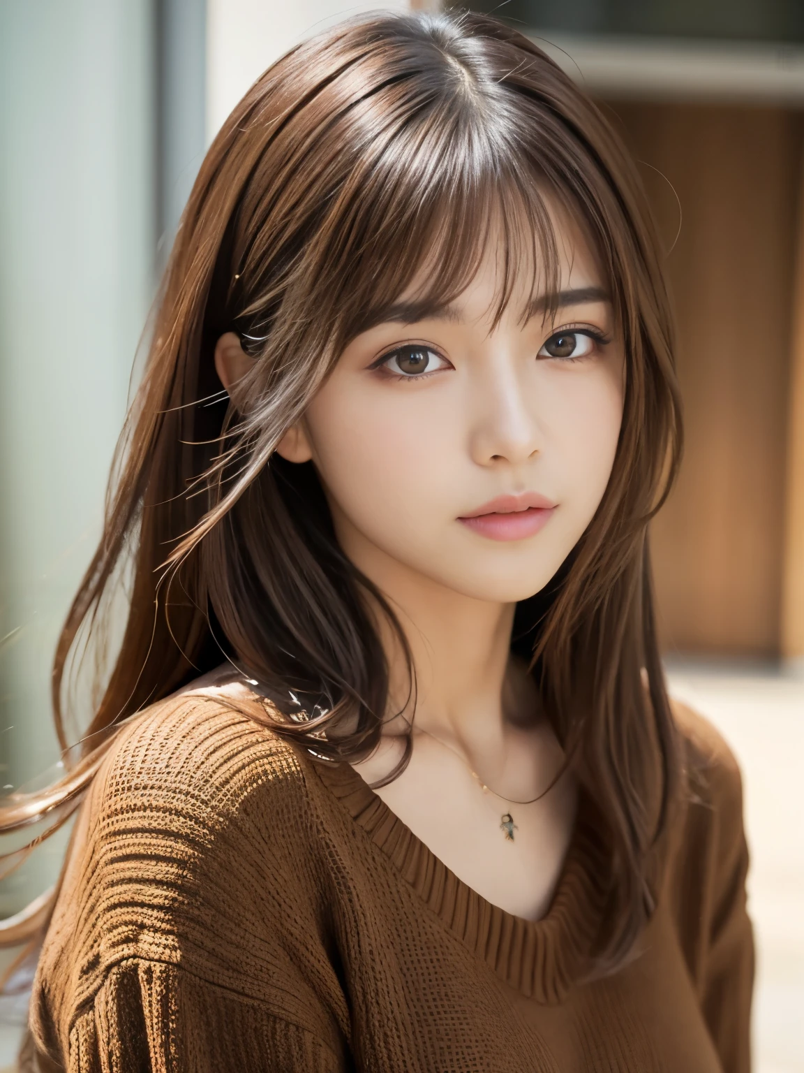 (masterpiece:1.3)、(8K、Photo realsitic、Raw photography、top-quality: 1.4)、(1Japanese girl)、beautiful face、(Lifelike face)、(Brown hair:1.5)、(Medium Hair)、Beautiful hairstyle、（One eye is hidden by bangs：1.5）、Realistic brown eyes、Beautiful details、（real looking skin）、Beautiful skins、（Black sweater）、absurderes、enticing、embarrassed、high resolution、A hyper-realistic、high-detail、the golden ratio