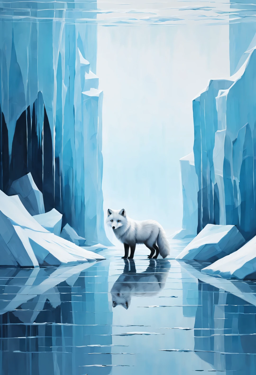 minimalist stripe painting, Mist cracked ice bricks, Arctic fox stares at a small fish in the water，partial reflection ，chaotic，desire，survive