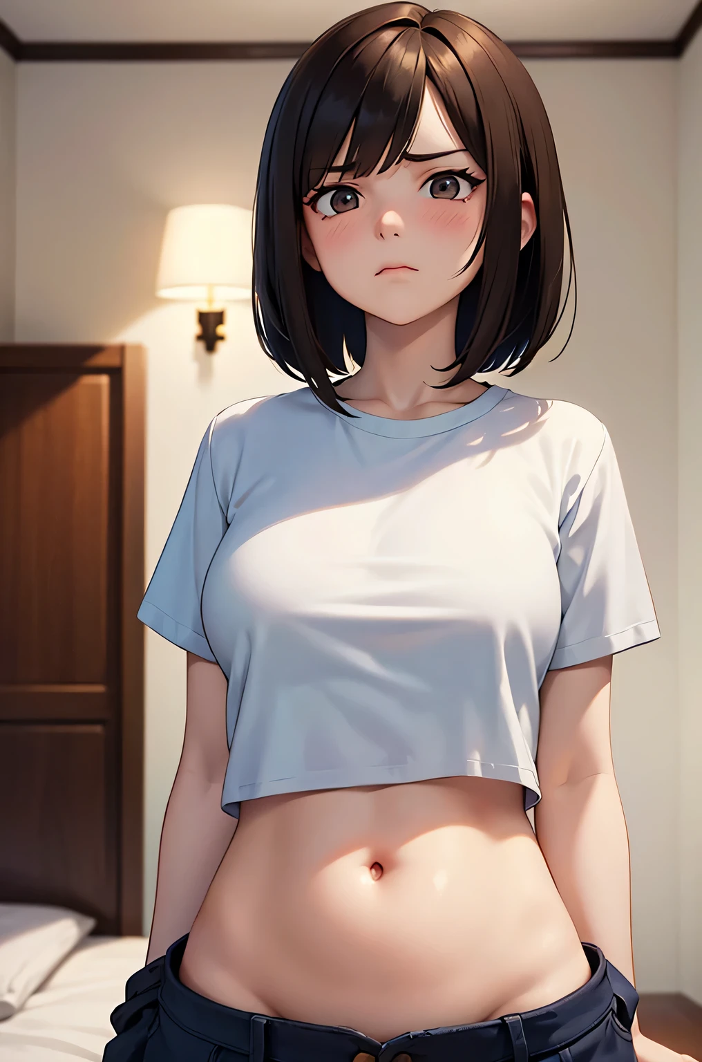 super fine illustration, vibrant colors, masterpiece, sharp focus, best quality, depth of field, cinematic lighting, ultra detailed, t-shirt,1 woman, solo, belly button, milf, bedroom, dark brown hair, bob haircut, mature face, blush, annoyed, medium breasts, looking down