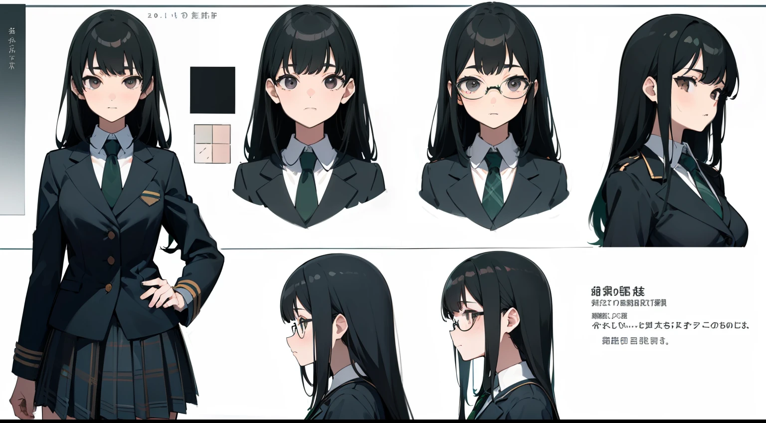((masterpiece, highest quality)), detailed face, character sheet, whole body, full of details, Multiple poses and expressions, very detailed, depth, many parts, 1 girl, school uniform, seifuku, ((masterpiece, highest quality)), detailed face, character sheet, whole body, full of details, Multiple poses and expressions, very detailed, depth, many parts, 1 girl, Japanese girl with dark spots, smile, waistline length hair (((Big shining black eyeusty:1.2))) ((( Awkward and shy posture))),wears strong round glasses(Silver thin metal round glasses)。 (dark green blazer uniform、The shirt is white with a green plaid tie and a dark green chuck pattern skirt.) ((long waist hairstyle)) (((black hair)))