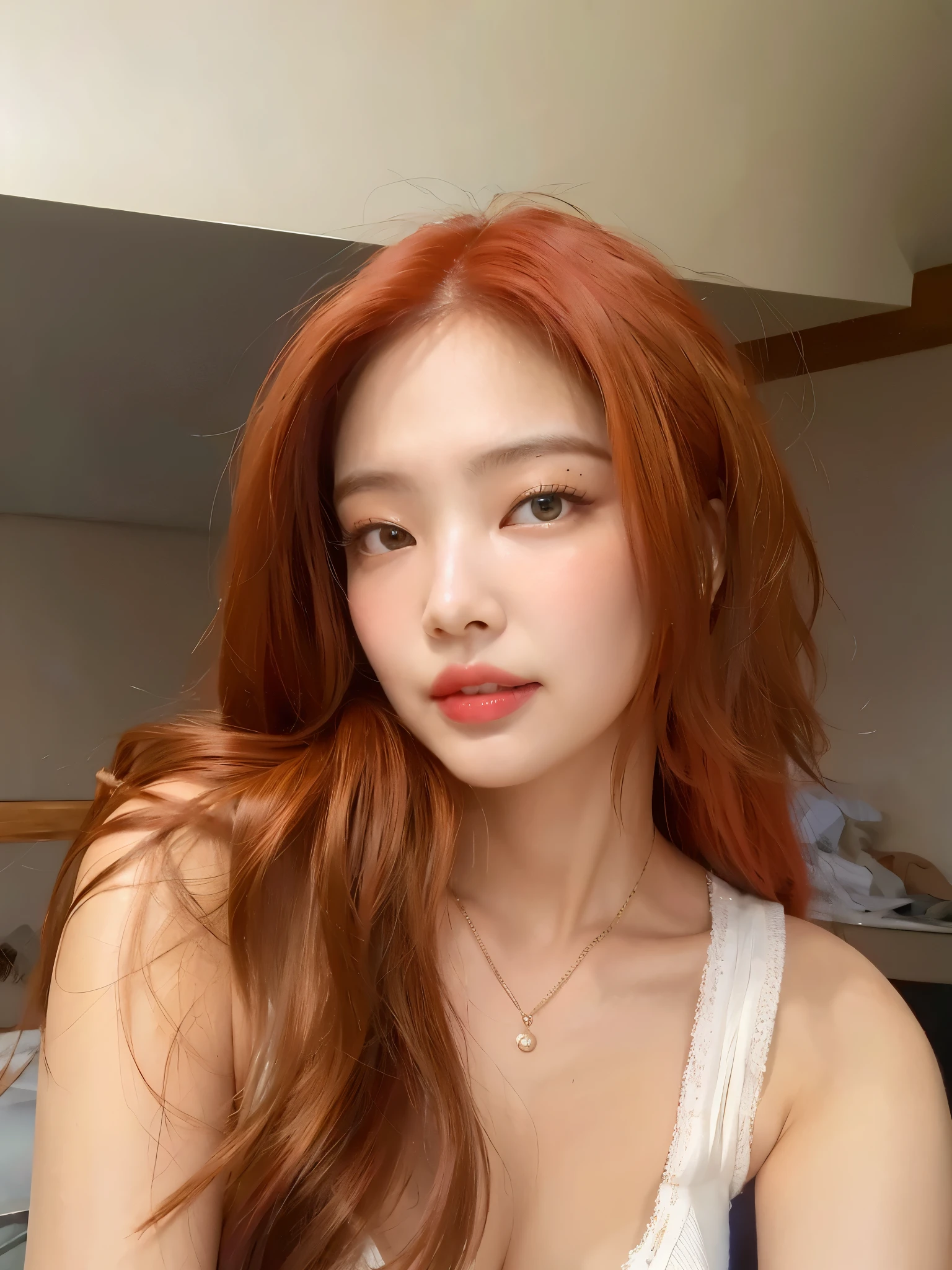 there is a woman com cabelo ruivo posing for a picture, Linda jovem coreana, Retrato de Jossi do Blackpink, ela tem cabelo longo redoranjado, Linda jovem coreana, maquiagem coreana popular, young lovely korean face, fotografia selfie 8k, maquiagem sul-coreana popular, cabelo castanho coral, linda mulher sul-coreana, bright red head, com cabelo ruivo