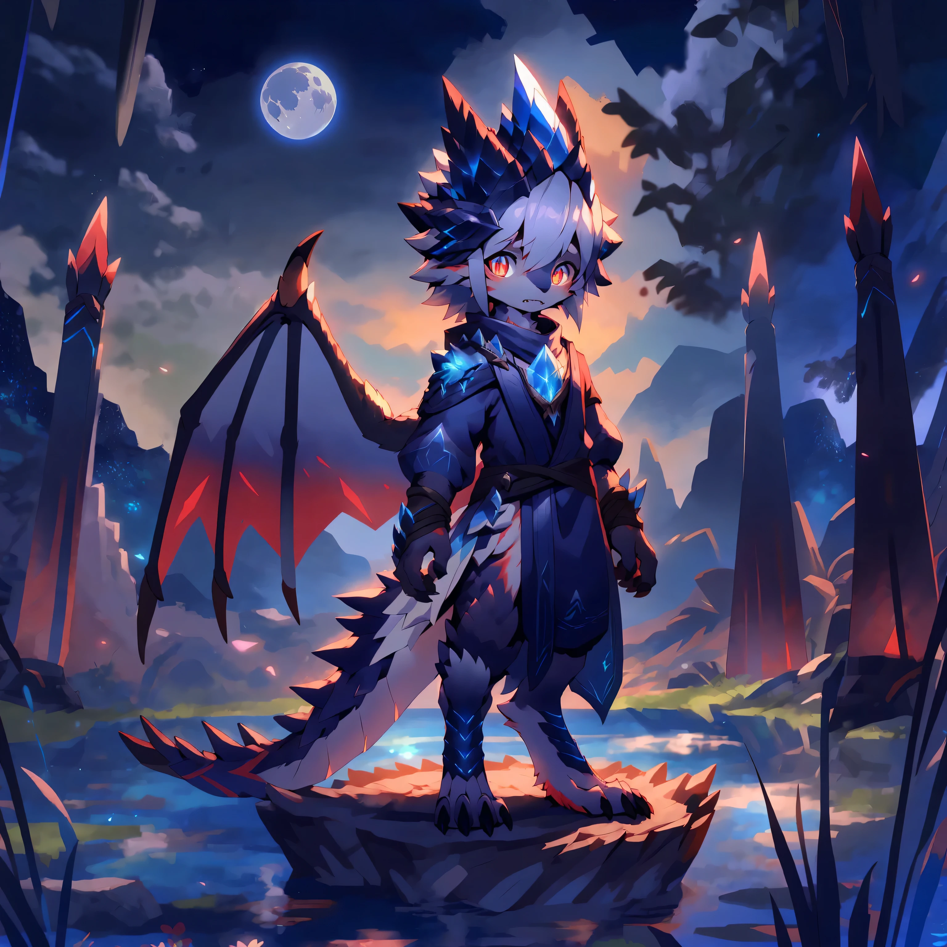 luna boy, Shota, monster hunter, bite, Transformation中期, Transformation, stamp, moon, Dragon and wolf hybrid,ice cold, digital level, silver hair, red vertical pupils, standing posture, ultra high definition, masterpiece, precise, anatomically correct, high detail, best quality, 8k, high resolution, soft lines