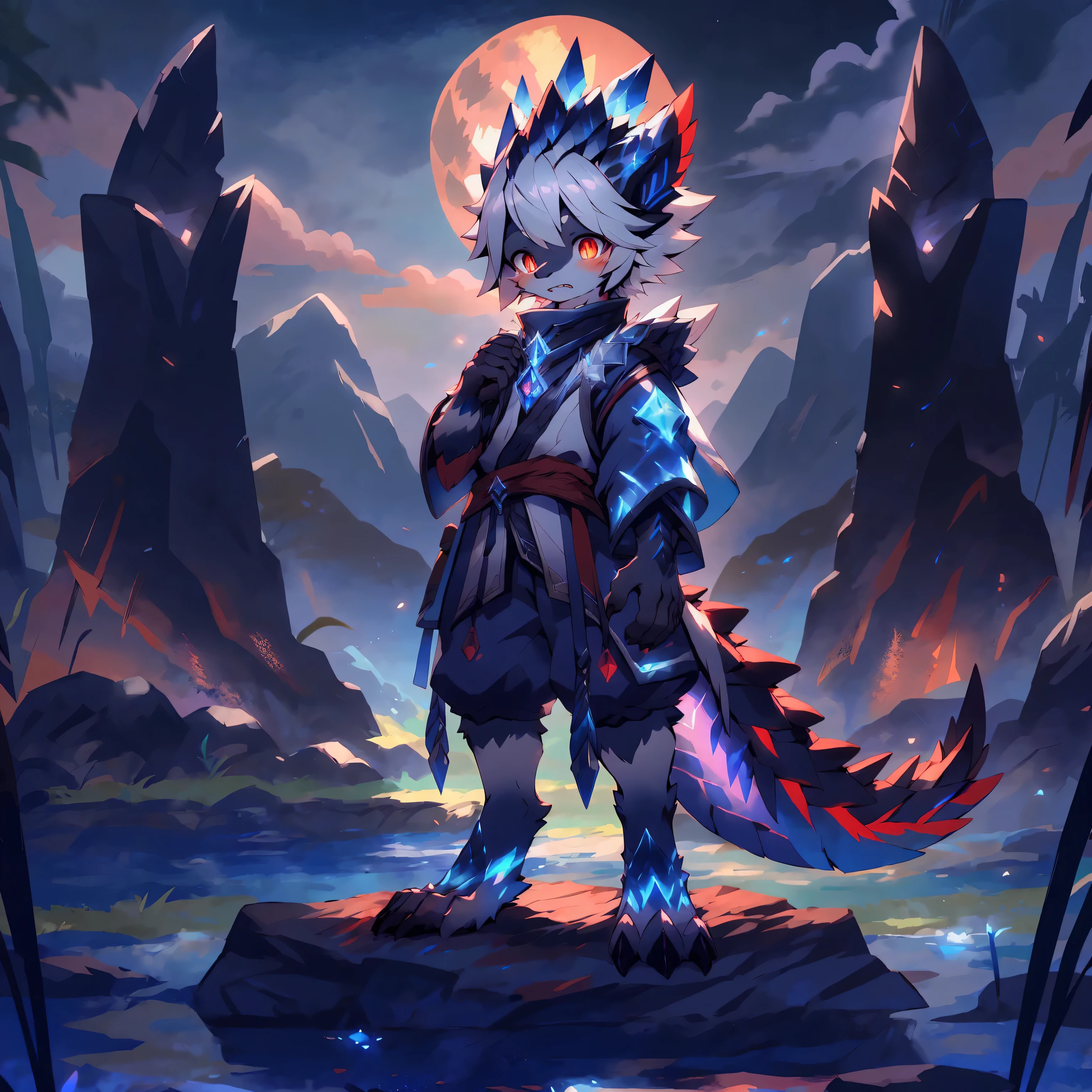 luna boy, Shota, monster hunter, bite, Transformation中期, Transformation, stamp, moon, Dragon and wolf hybrid,ice cold, digital level, silver hair, red vertical pupils, standing posture, ultra high definition, masterpiece, precise, anatomically correct, high detail, best quality, 8k, high resolution, soft lines