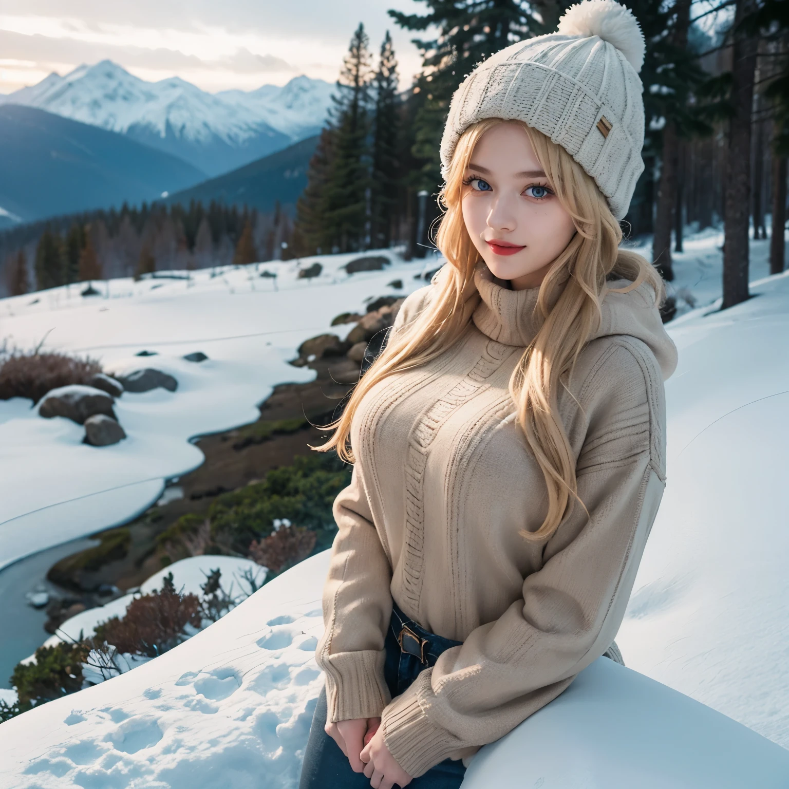1girl, (Blue Eyes), (smiling), (Sana Minatozaki), wide hips, Big tits, big ass, (Best Quality, 8k, Masterpiece: 1.3), Clear Focus: 1.2, Perfect Body Beauty: 1.4, strong abs :1.2, Highly detailed face and skin texture, detailed eyes, double eyelids, black lined eyes, red lips, (blond long hair), brown sweater, warm winter jacket, winter hat, snow goggles, standing, dynamic pose, on a snowy mountain, on top of a mountain, snowing, very cold, pine trees in the background, blurred background