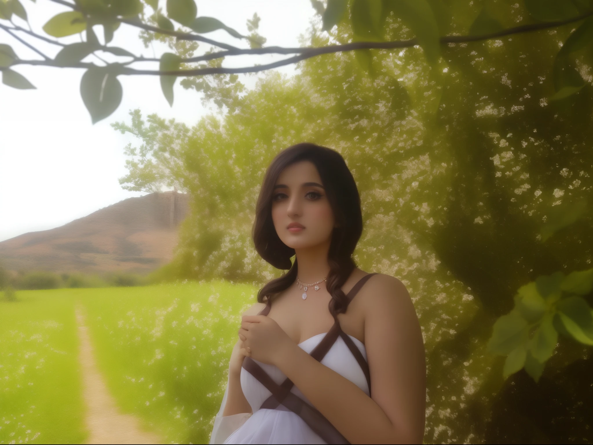 a 24-year-old Arabic woman, the same face as this photo , wearing a Moroccan white dress, the chosen medium that accentuates her beauty, full body shown, against the backdrop of a Moroccan monument,  Illuminate the scene with natural lighting, big brown eyes and Berber tattoo  highlighted, white dress against the historical , Infuse a mood that combines modern elegance with cultural richness, full body shown ,photo realistic , 4k,