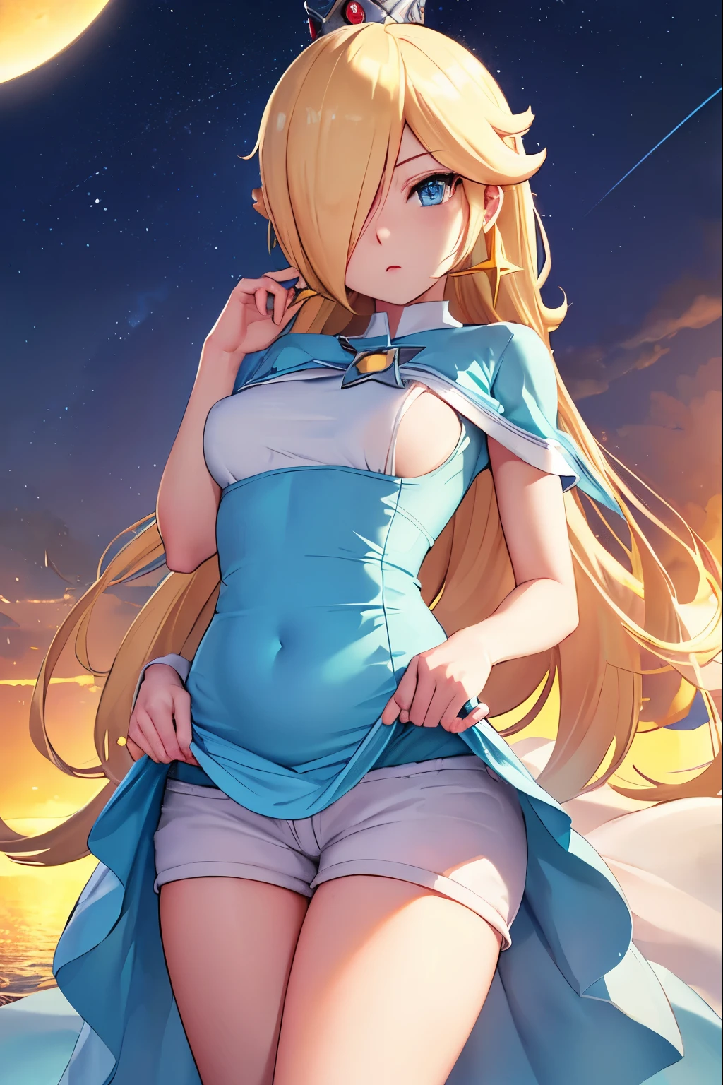 Rosalina, Rosalina, Blonde hair, blue eyes, hair over one eye, long hair,small breasts, micro shorts, white shorts, lower part of the breasts showing, blouse lifted showing part of the breasts, belly showing, crown, earrings, jewelry, princess , star earrings, BREAK night, night sky, sky, star\ (sky\), star \(symbol\), space, sun, BREAK looking at the viewer, (cowboy photo: 1.5), BREAK (art: 1.2 ), best quality, high resolution, 8k unity wallpaper, (artwork: 0.8), (beautiful detailed eyes: 1.6), extremely detailed face, perfect lighting, extremely detailed CG, (perfect hands, anatomy perfect),