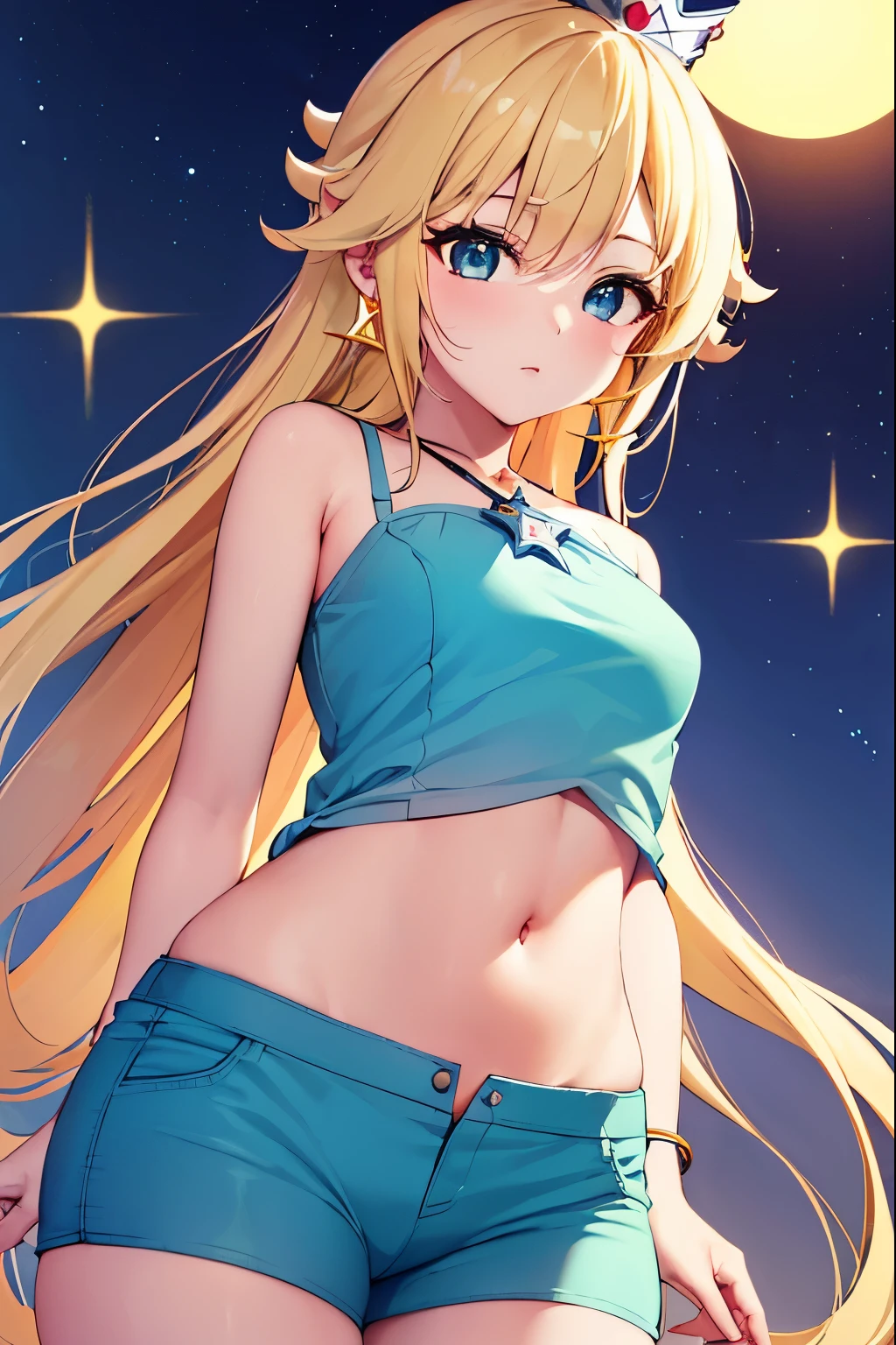 Rosalina, Rosalina, Blonde hair, blue eyes, hair over one eye, long hair,small breasts, micro shorts, white shorts, lower part of the breasts showing, blouse lifted showing part of the breasts, belly showing, crown, earrings, jewelry, princess , star earrings, BREAK night, night sky, sky, star\ (sky\), star \(symbol\), space, sun, BREAK looking at the viewer, (cowboy photo: 1.5), BREAK (art: 1.2 ), best quality, high resolution, 8k unity wallpaper, (artwork: 0.8), (beautiful detailed eyes: 1.6), extremely detailed face, perfect lighting, extremely detailed CG, (perfect hands, anatomy perfect),