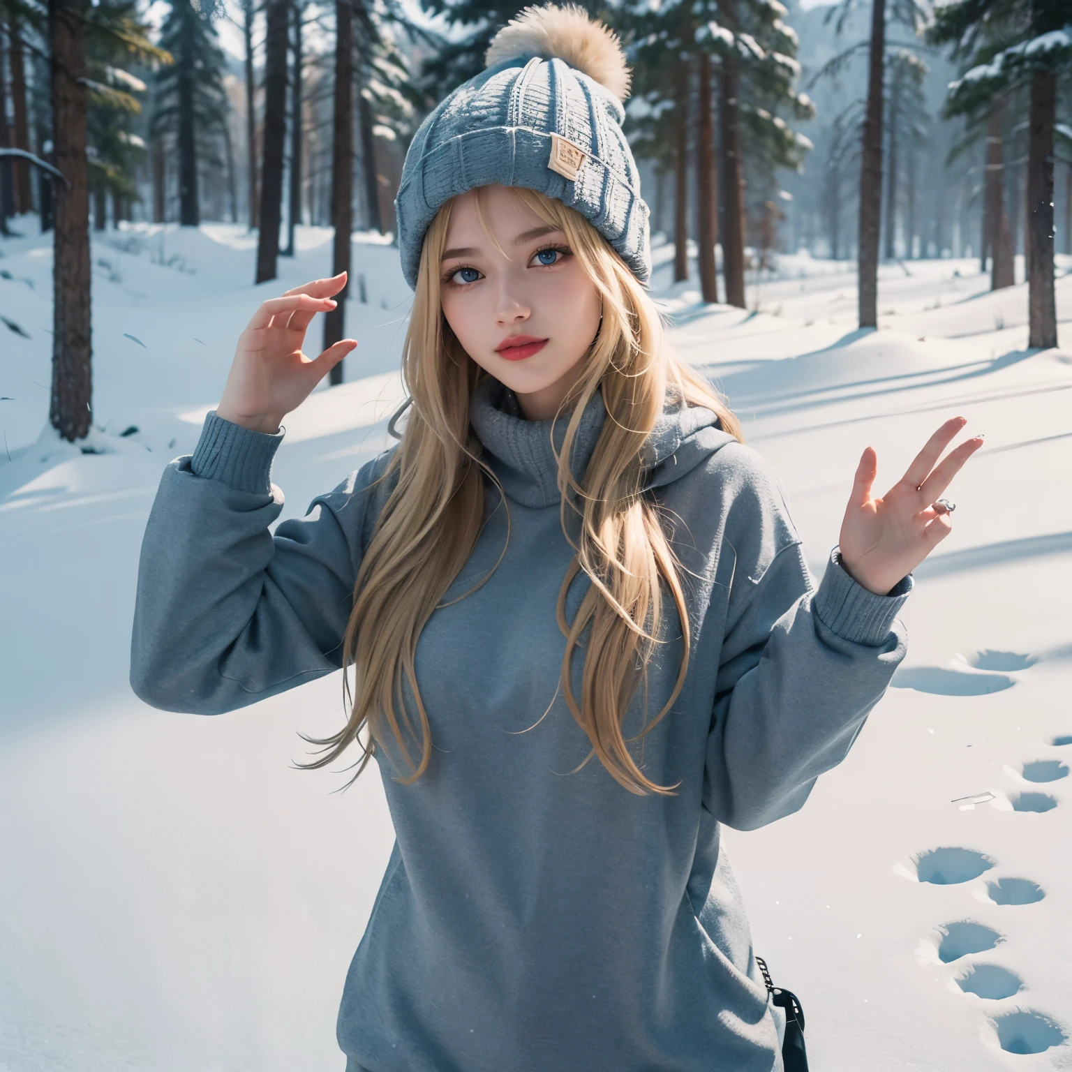 1girl, (Blue Eyes), (smiling), (Sana Minatozaki), wide hips, Big tits, big ass, (Best Quality, 8k, Masterpiece: 1.3), Clear Focus: 1.2, Perfect Body Beauty: 1.4, strong abs :1.2, Highly detailed face and skin texture, detailed eyes, double eyelids, black lined eyes, red lips, (blond long hair), brown sweater, warm winter jacket, winter hat, snow goggles, standing, dynamic pose, on a snowy mountain, on top of a mountain, snowing, very cold, pine trees in the background, blurred background