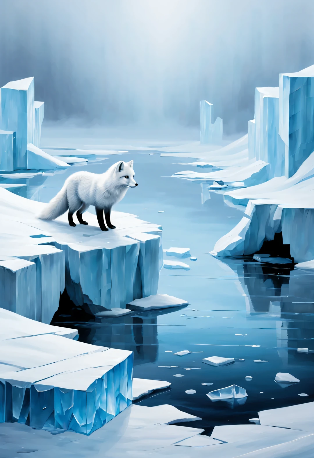 minimalist stripe painting, foggy ice fields, Arctic fox reflection in water ，chaotic
