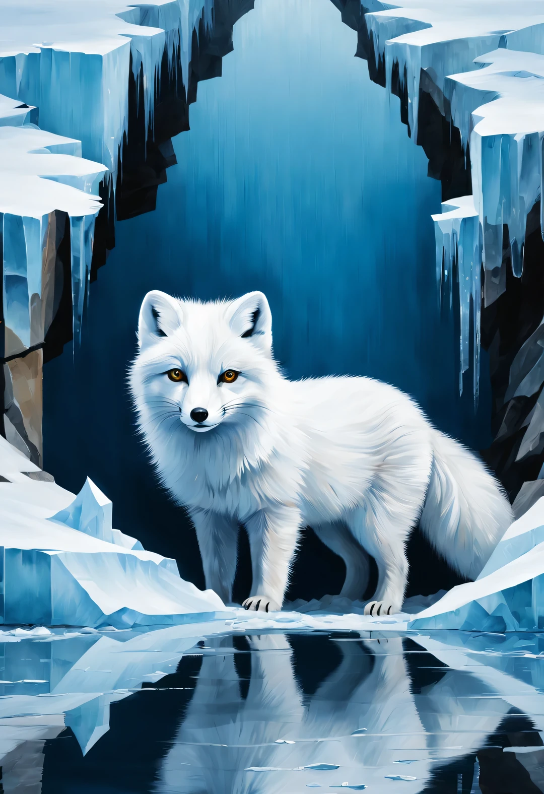 minimalist stripe painting, , (Arctic fox stares at a small fish in an ice cave),cracked ice bricks,it's foggy,snow covered,,partial reflection ,chaotic,desire,survive