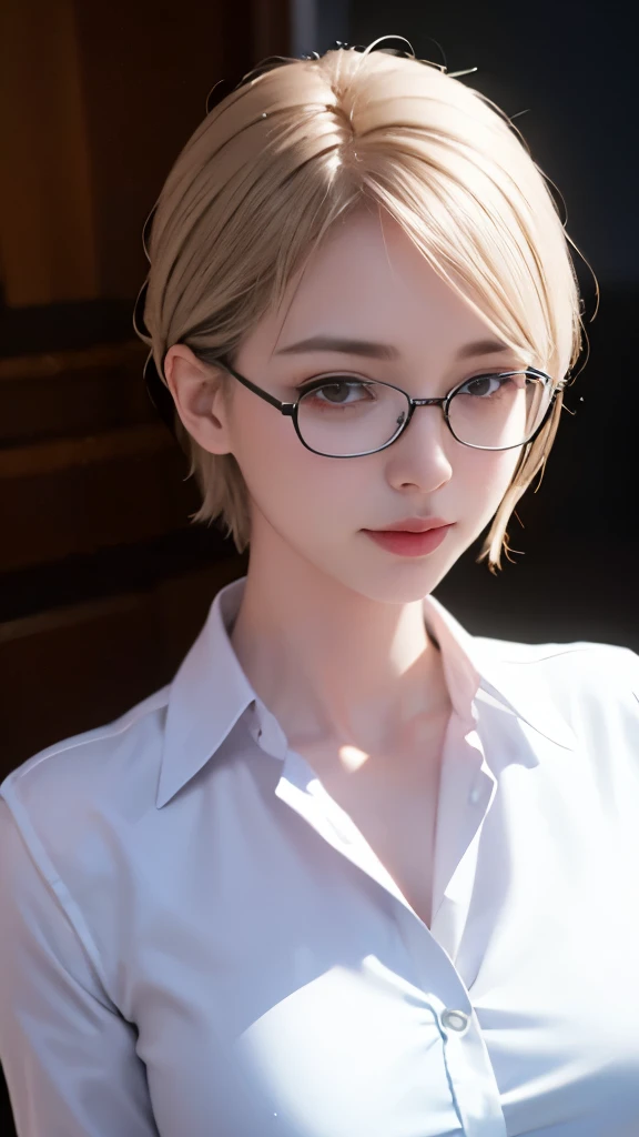 sweet expression, Lying, white glasses, short hair, (8k, RAW photo, realistic:1.25) ,( lip gloss, eyelash, shiny face, shiny skin, highest quality, ultra high resolution , Depth of the bounds written, chromatic aberration, caustics, wide light, natural shadow, K-POPアイドル) Gazing at the viewer with a calm and goddess-like blissful expression, whole body, big breasts, black stockings, white shirt, secretary、smile、(full shot:1.8)