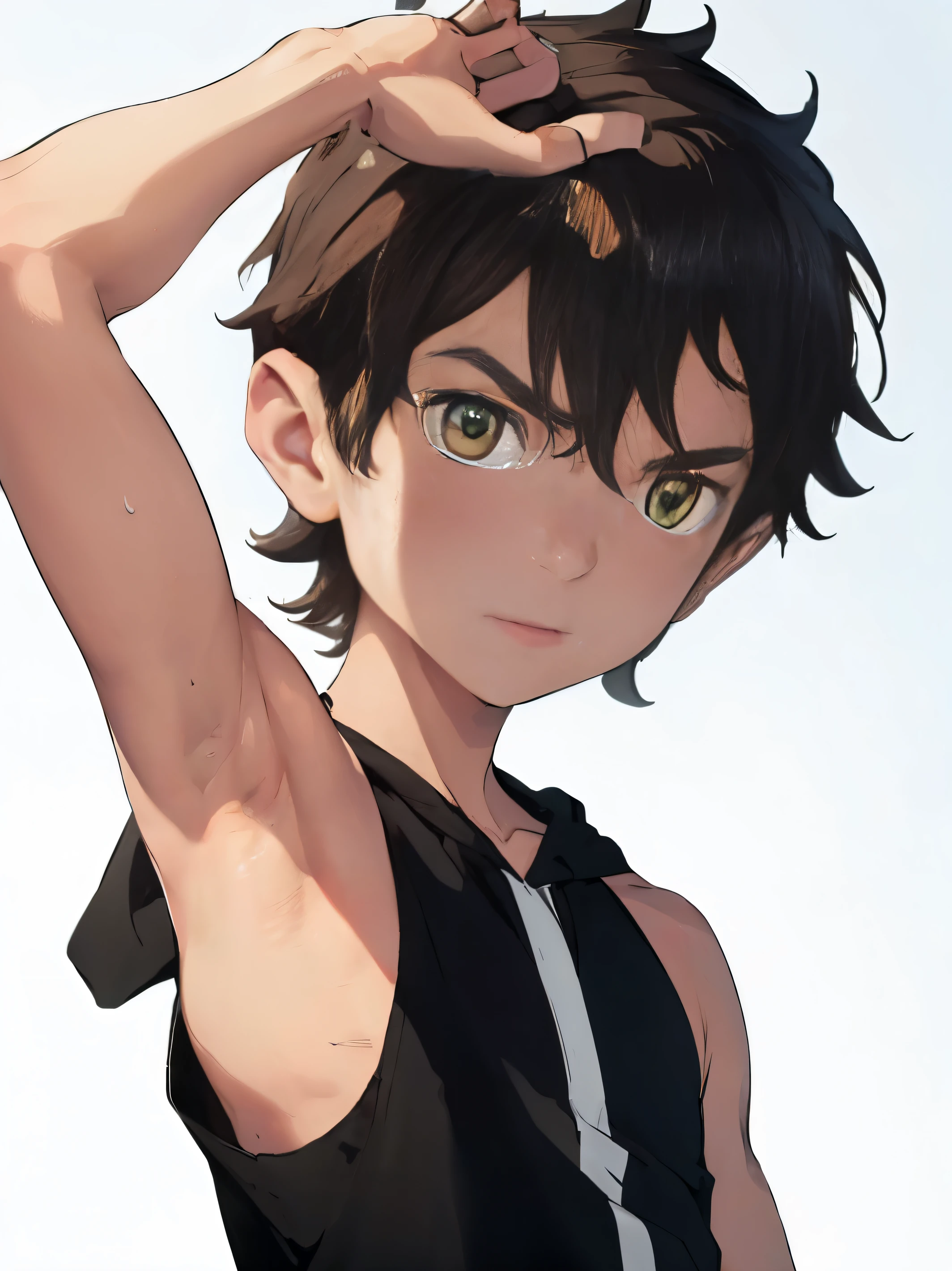 Highres, Masterpiece, Best quality at best,Best Quality,hight quality, hight detailed, 1boy, bentennyson, green eyes, Sleeveless hoodie, Sweat, (showing armpit:1.3), upper body, the day, summer