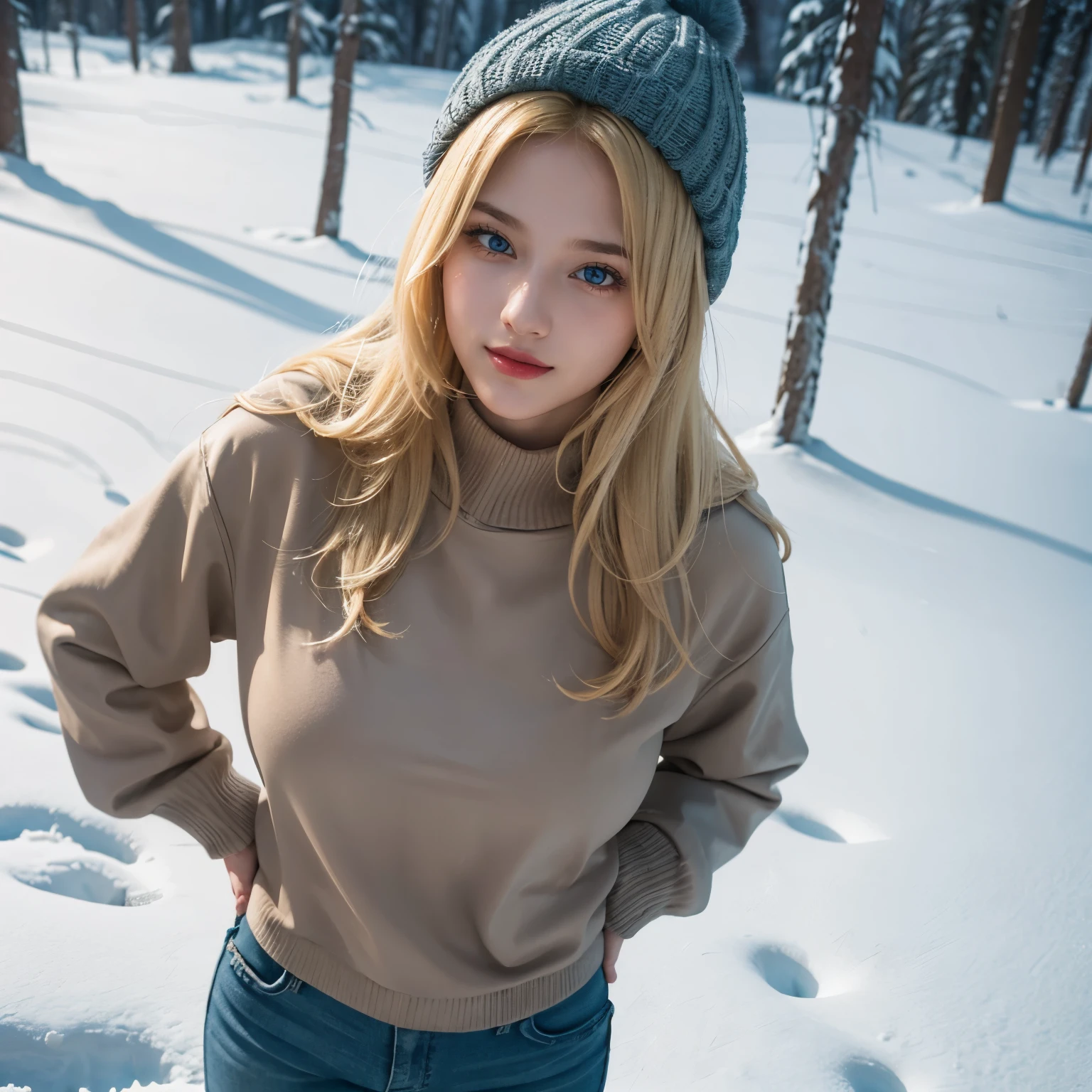 1girl, (Blue Eyes), (smiling), (Sana Minatozaki), wide hips, Big tits, big ass, (Best Quality, 8k, Masterpiece: 1.3), Clear Focus: 1.2, Perfect Body Beauty: 1.4, strong abs :1.2, Highly detailed face and skin texture, detailed eyes, double eyelids, black lined eyes, red lips, (blond long hair), brown sweater, warm winter jacket, winter hat, snow goggles, standing, dynamic pose, on a snowy mountain, on top of a mountain, snowing, very cold, pine trees in the background, blurred background