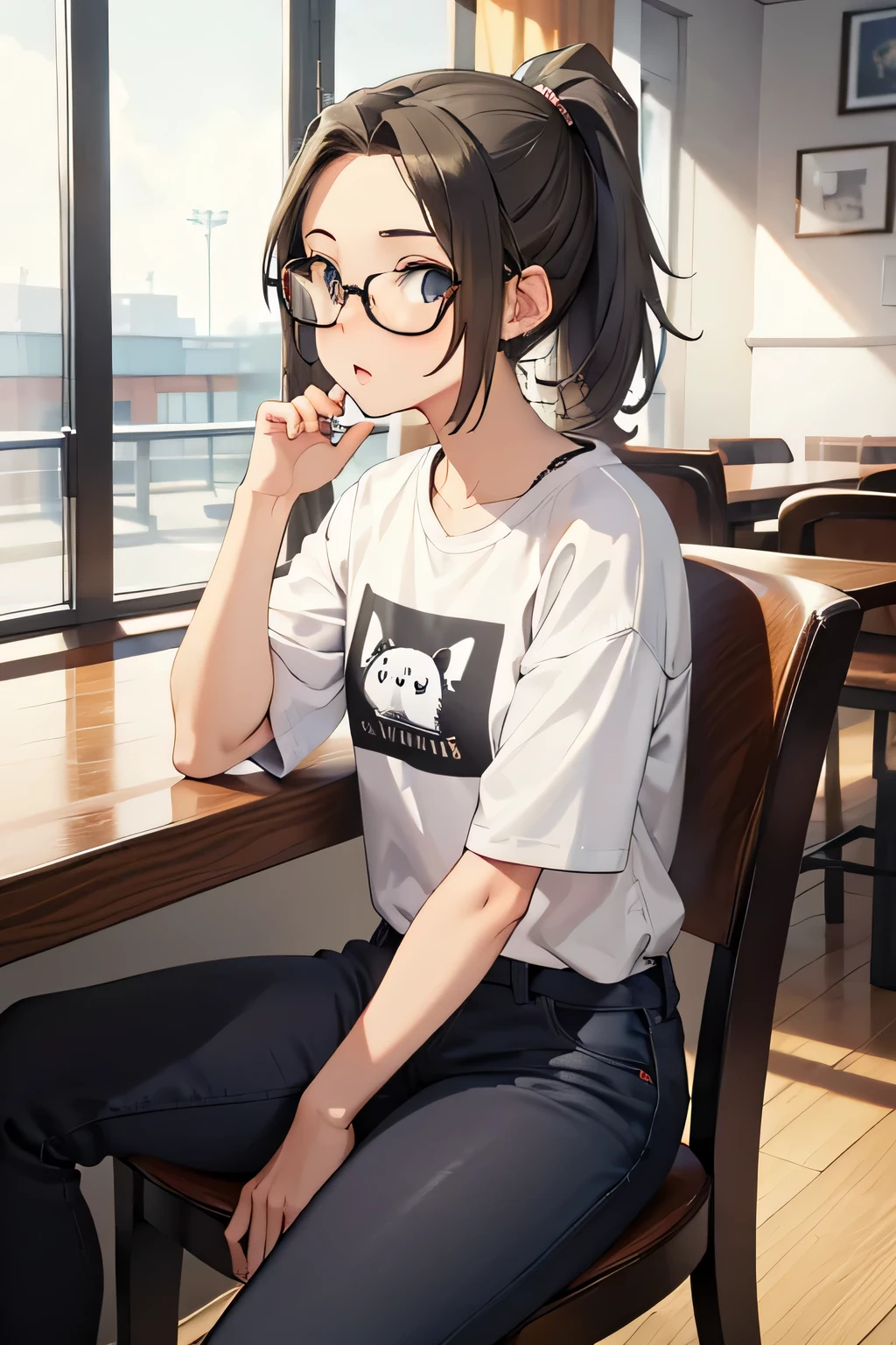 1 girl, dark hair with silver highlights, wearing a crewneck and cargo pants, hair in a slicked back high ponytail, shaved undercut, glasses, sitting in a cafe