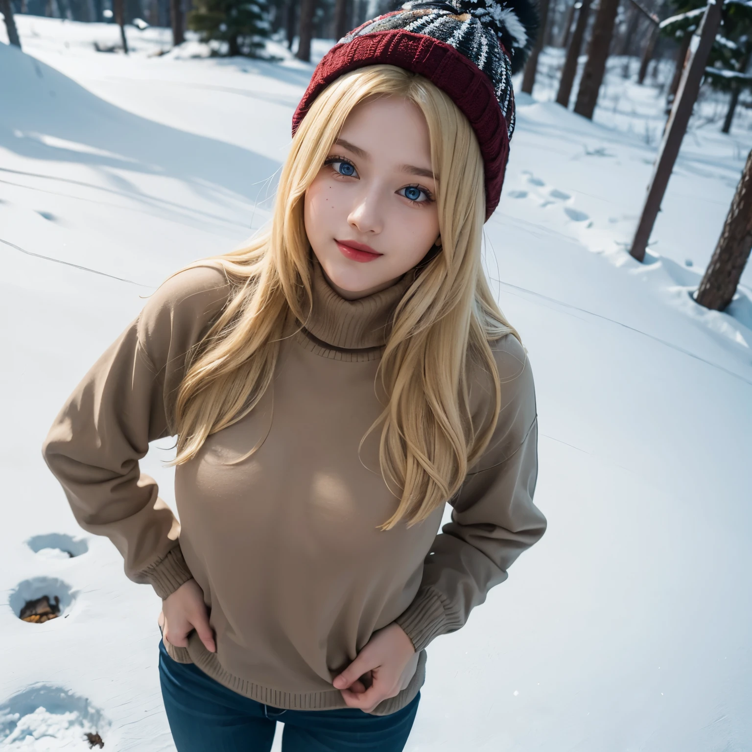 1girl, (Blue Eyes), (smiling), (Sana Minatozaki), wide hips, Big tits, big ass, (Best Quality, 8k, Masterpiece: 1.3), Clear Focus: 1.2, Perfect Body Beauty: 1.4, strong abs :1.2, Highly detailed face and skin texture, detailed eyes, double eyelids, black lined eyes, red lips, (blond long hair), brown sweater, warm winter jacket, winter hat, snow goggles, standing, dynamic pose, on a snowy mountain, on top of a mountain, snowing, very cold, pine trees in the background, blurred background