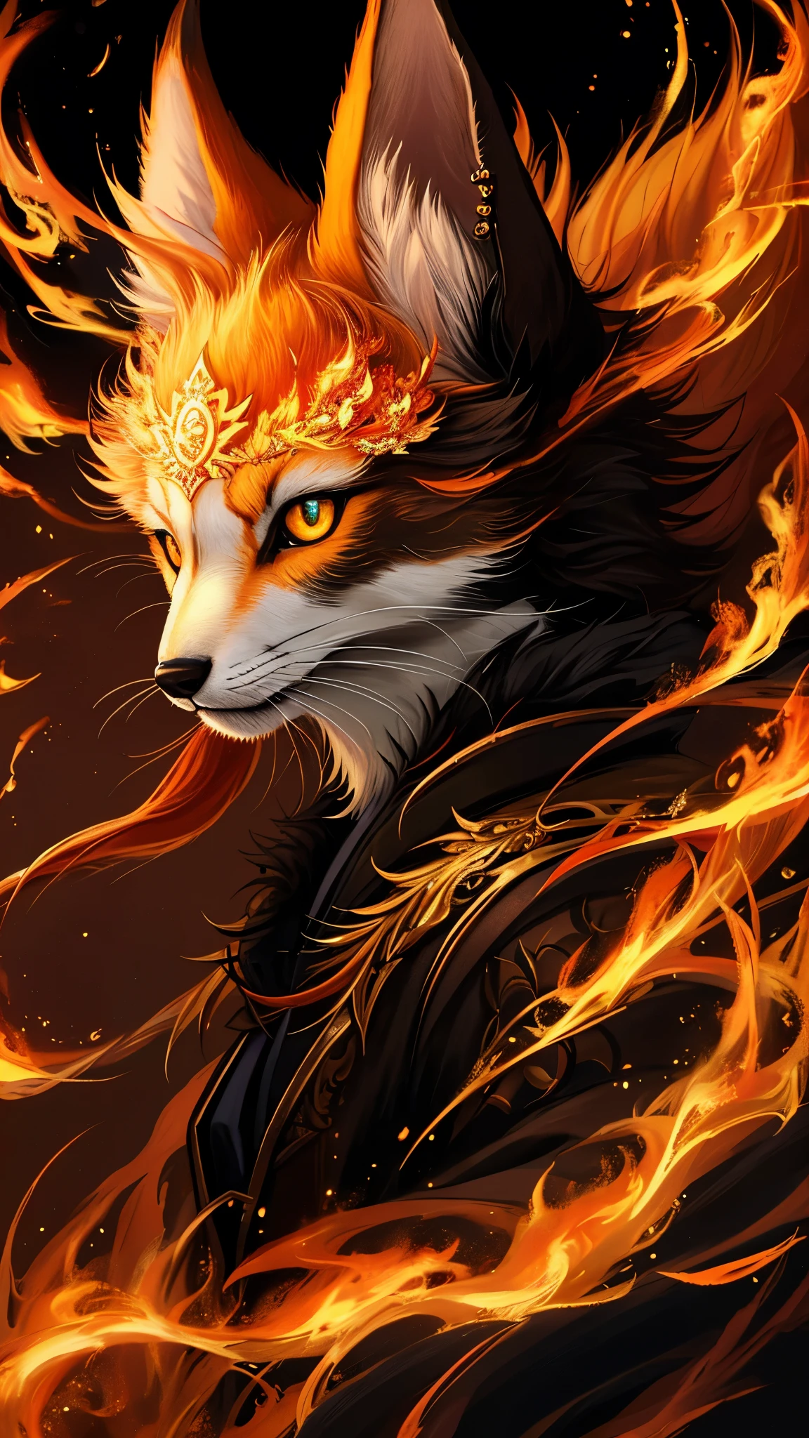 Black background, A mesmerizingly detailed kitsune, its fiery fur seeming to flicker and dance with inner light. This hyper-realistic portrait captures every intricate detail: from the shimmering gold and crimson fur to the piercing emerald eyes that gleam with intelligence. The image is a digital painting, expertly rendered with depth and texture that make the kitsune almost seem tangible. Each whisker and tuft of fur is meticulously depicted, giving the viewer a sense of the creature's supernatural aura. This image is a testament to the artist's skill and dedication to bringing mythical creatures to life