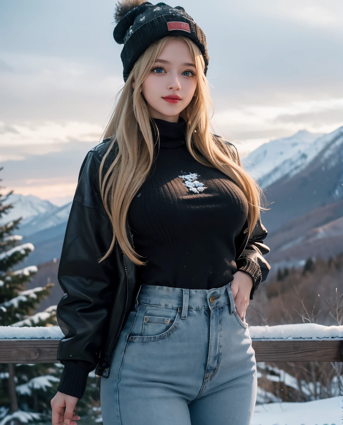 1girl, (Blue Eyes), (smiling), (Sana Minatozaki), wide hips, Big tits, big ass, (Best Quality, 8k, Masterpiece: 1.3), Clear Focus: 1.2, Perfect Body Beauty: 1.4, strong abs :1.2, Highly detailed face and skin texture, detailed eyes, double eyelids, black lined eyes, red lips, (blond long hair), brown sweater, warm winter jacket, jeans, winter hat, standing, dynamic pose, on a snowy mountain, on top of a mountain, snowing, very cold, pine trees in the background, blurred background