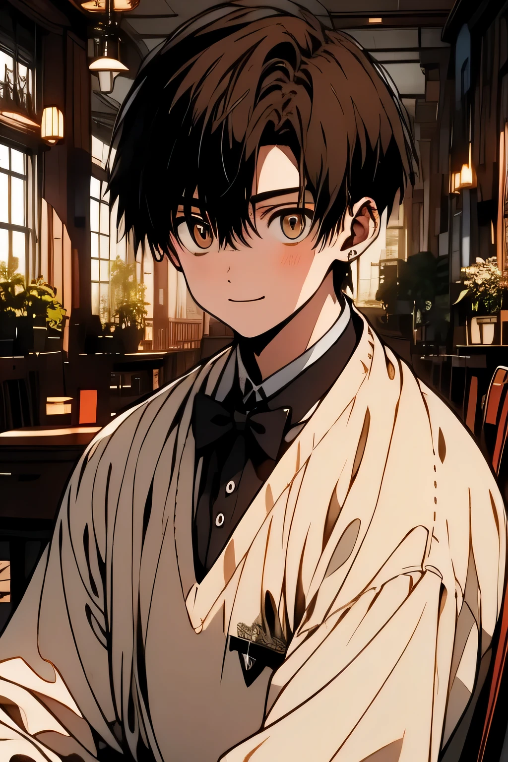 (highest quality, masterpiece:1.2),Young butler,rainbow,brown eyes,light brown hair,alone,Upper body,smile,coffee shop,sit in a chair,