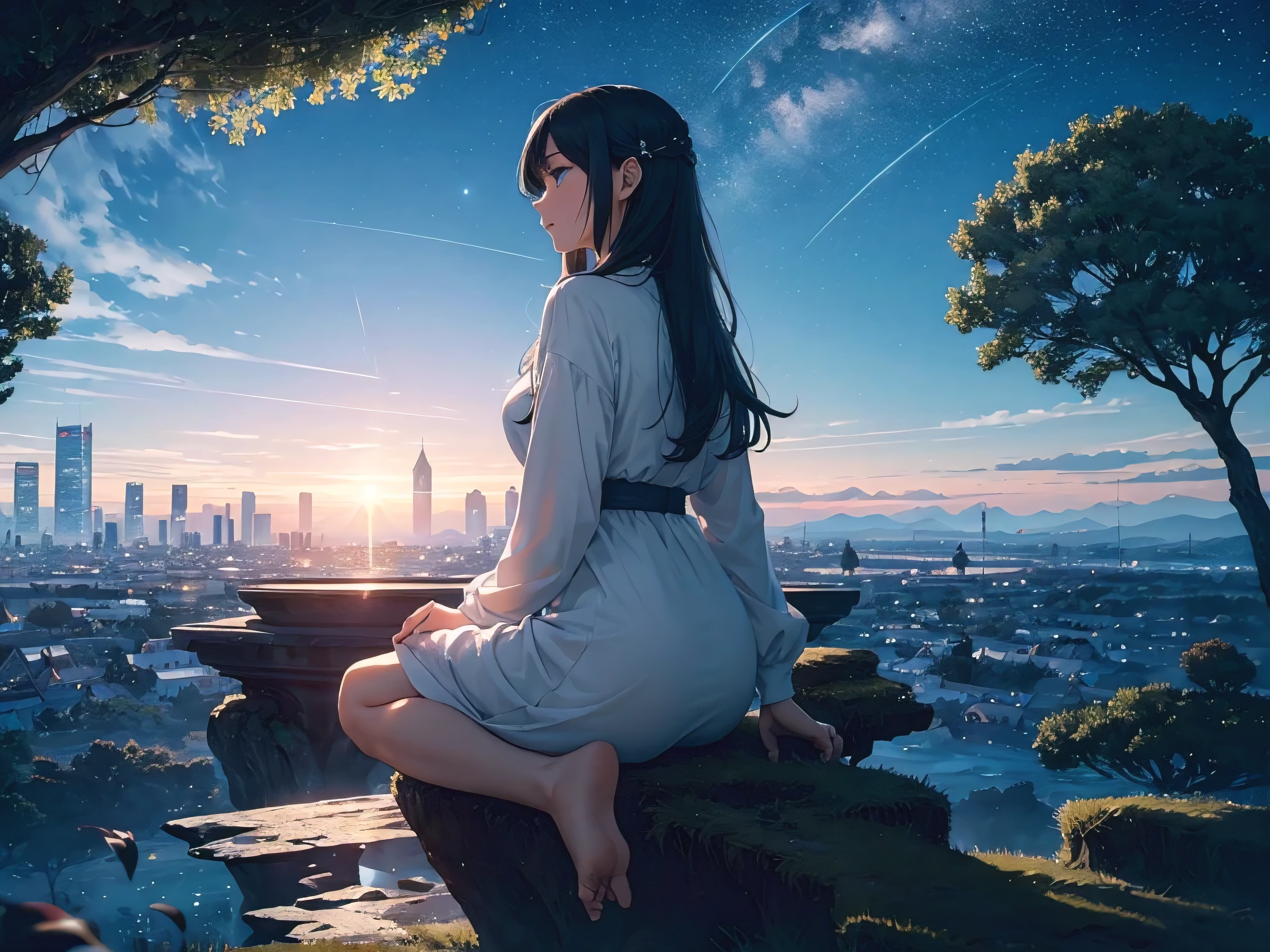 Masterpiece, top quality, 32K ultra HD, sharpen,
octans, sky, star (sky), scenery, starry night, solitaire,
outdoors, 1 girl, admiring, seated, fragile charm,
night sky, silhouette, city skyline, tree, long hair, cascading,
shimmering milky way, building, cloud shadows, soft focus,
glowing fireflies, tranquility, peace, ethereal, serene,
emblem of stillness, enchanting, spellbinding, mesmerizing, captivating.