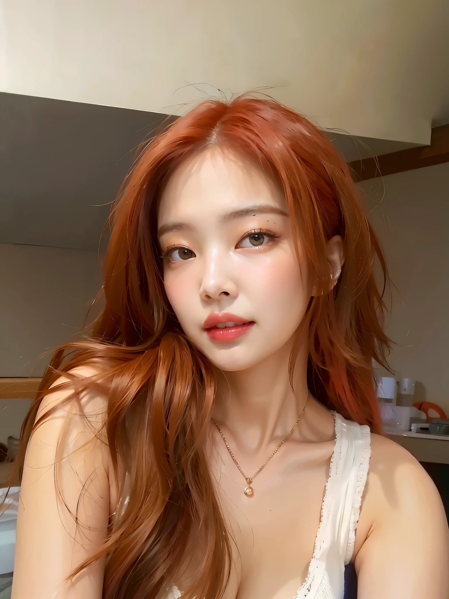 There's a red-haired woman posing for a photo, Linda jovem coreana, young lovely korean face, Linda jovem coreana, maquiagem coreana popular, fotografia selfie 8k, maquiagem sul-coreana popular, linda mulher sul-coreana, Retrato de Jossi do Blackpink, pele vermelha lisa, bright red head, pale and glowing skin, her skin is light brown, bright peach face