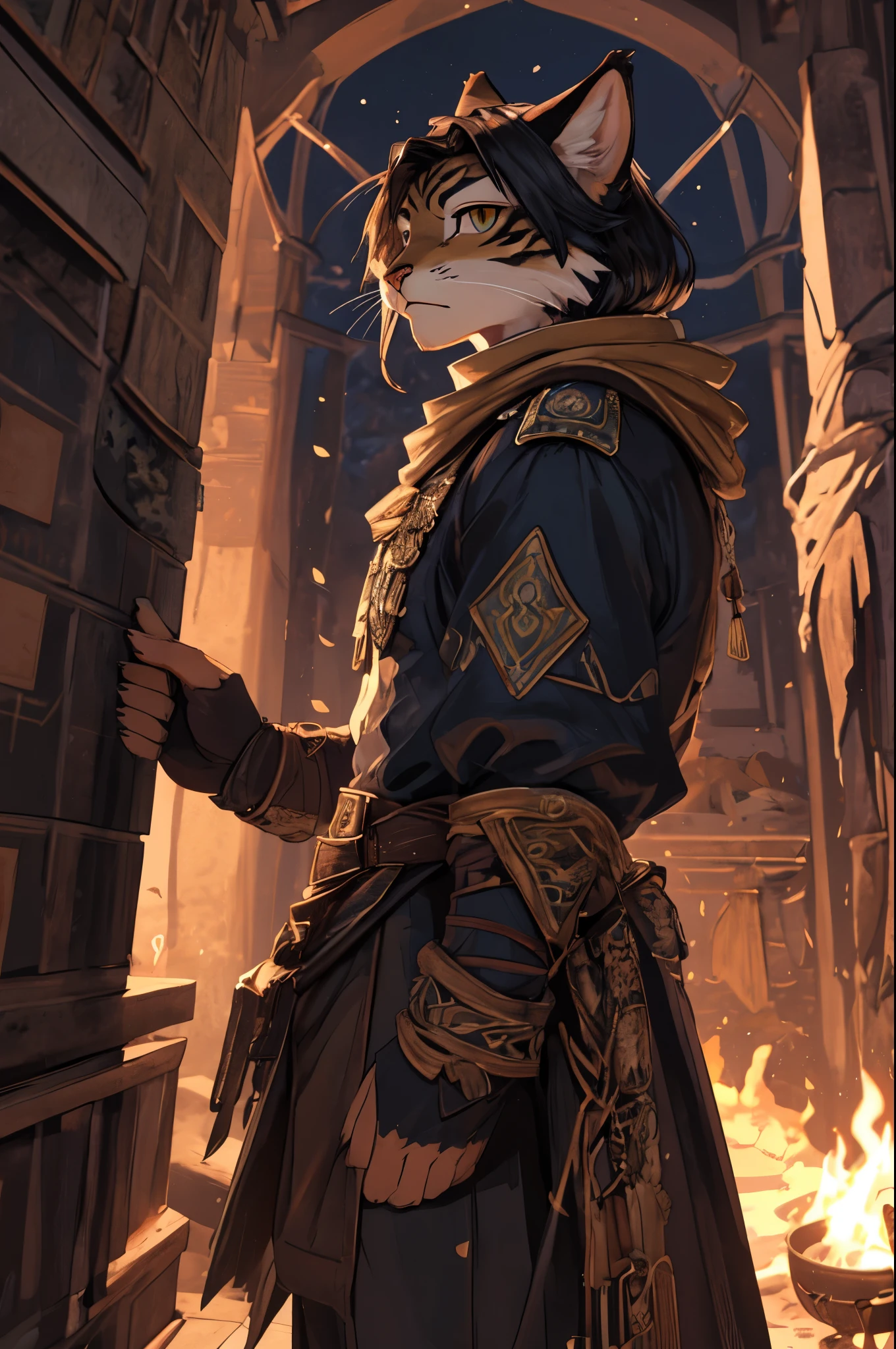 (8k, RAW photo, best quality, masterpiece), (1girl:1.5), young tiny girl, a detailed character portrait, clearly worked out detail, (Tabaxi, khajiit), (rogue, thief, bandit), fantasy hobo ripped clothes, rpg, dnd, lithe, intricate, cinematic, natural lighting, anime, MAPPA style, raytracing, detailed face, high resolution, (ultra detailed)