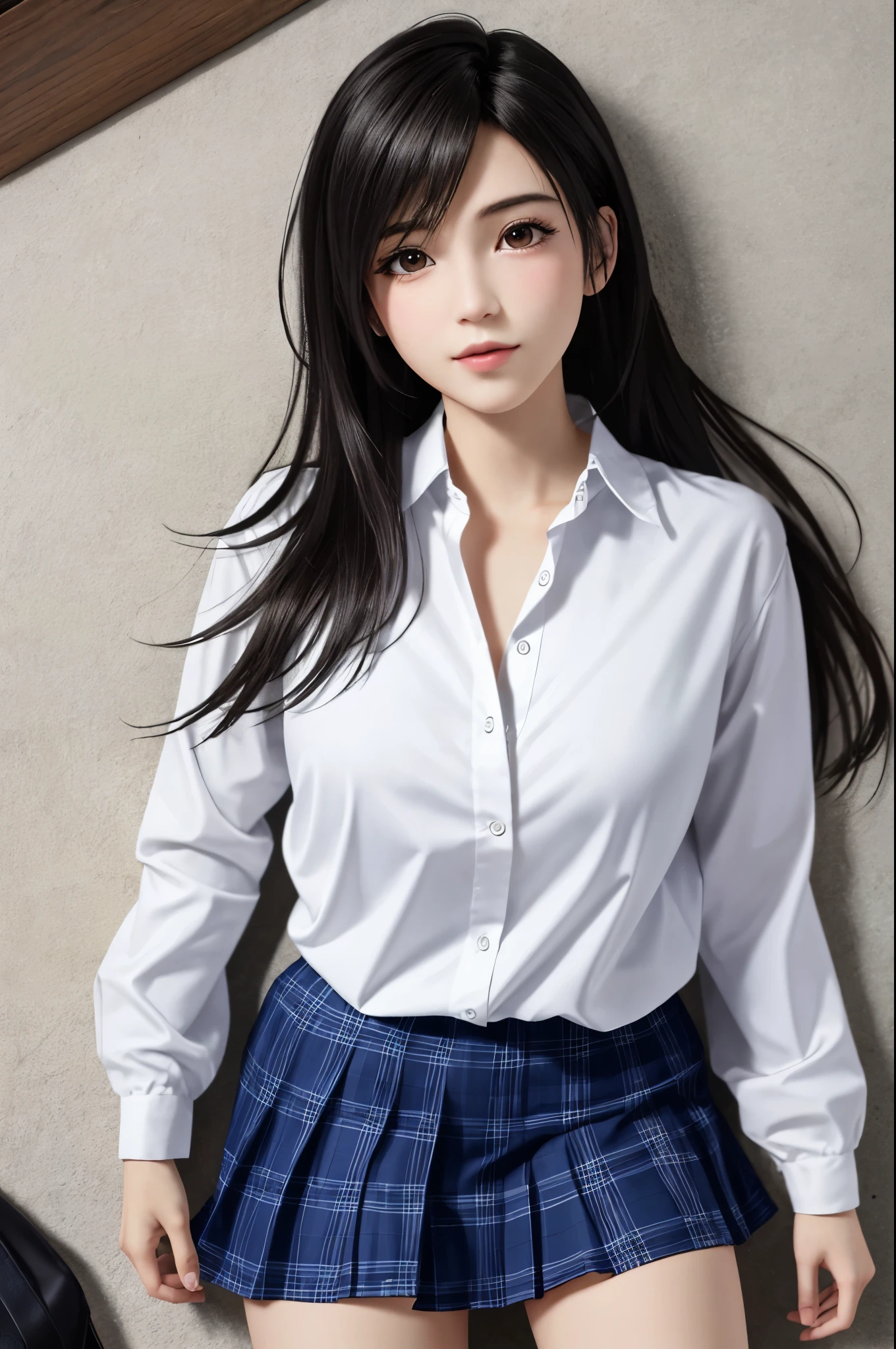 {top quality, masterpiece, ultra detailed}, (Realistic: 1.3), (photo Realistic: 1.3),wallpapers, BREAK (lying:1.5,on back:1.5),(((FF7,Tifa_lockhart))),{{{Japanese JK uniform, school shirt, long-sleeved, Navy Blue Plaid Pleated mini-Skirt}}}, {{high school, classroom}}, Cinematic lighting, sunset ,{{sexy pose, Nogizaka idol}}, Ultra-detailed face, Detailed eyes, Red eyes, BREAK (((FF7,Tifa_lockhart))),{black brown hair, Large breasts}, BREAK , About 18 years old, kawaii, sensual, {{looking away:1.3}},{{{face focus, lip close up}}},{{aroused}},(she is very shy:1.2), teary eyes:1.2, blush:1.3, shy, 