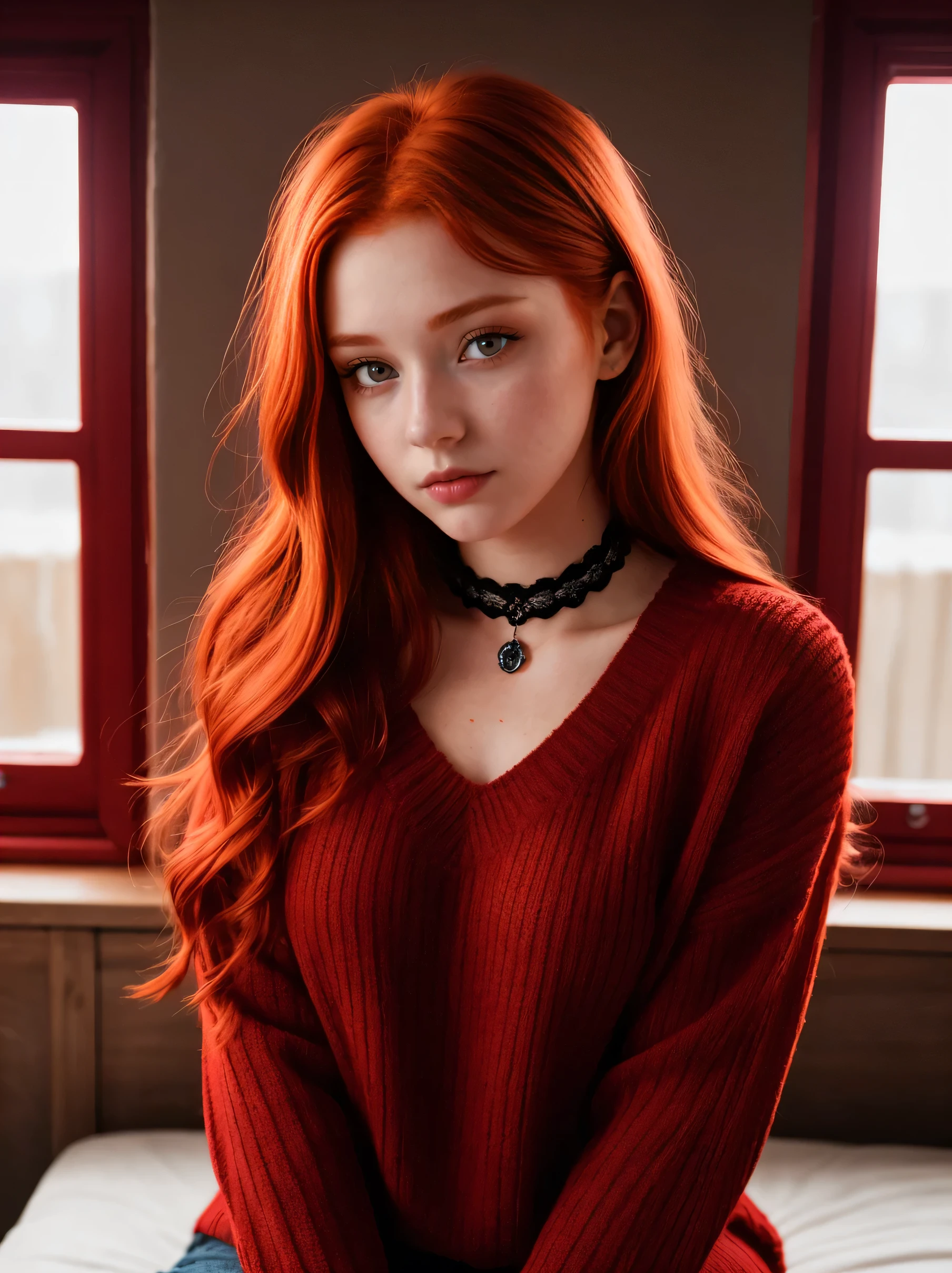 raw photo, (18yo redhead girl:1.2), makeup, rouge, neck lace choker, realistic skin texture, oversize knit jumper, red eyes, softcore, warm lighting, cosy atmosphere, Instagram style