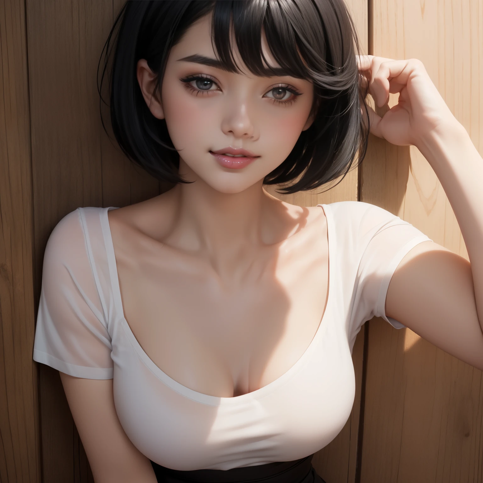 Sexy and cute woman, short black hair, bob style, kind soft delicate eyes, expressive eyes, seductive gaze, deepest pink blush, glossy red lips smiling parted, plump, long neck, visible collarbone, medium chest, white t shirt with black graphics tucked into black shiny pants, pinned against a wooden wall, intimate moment