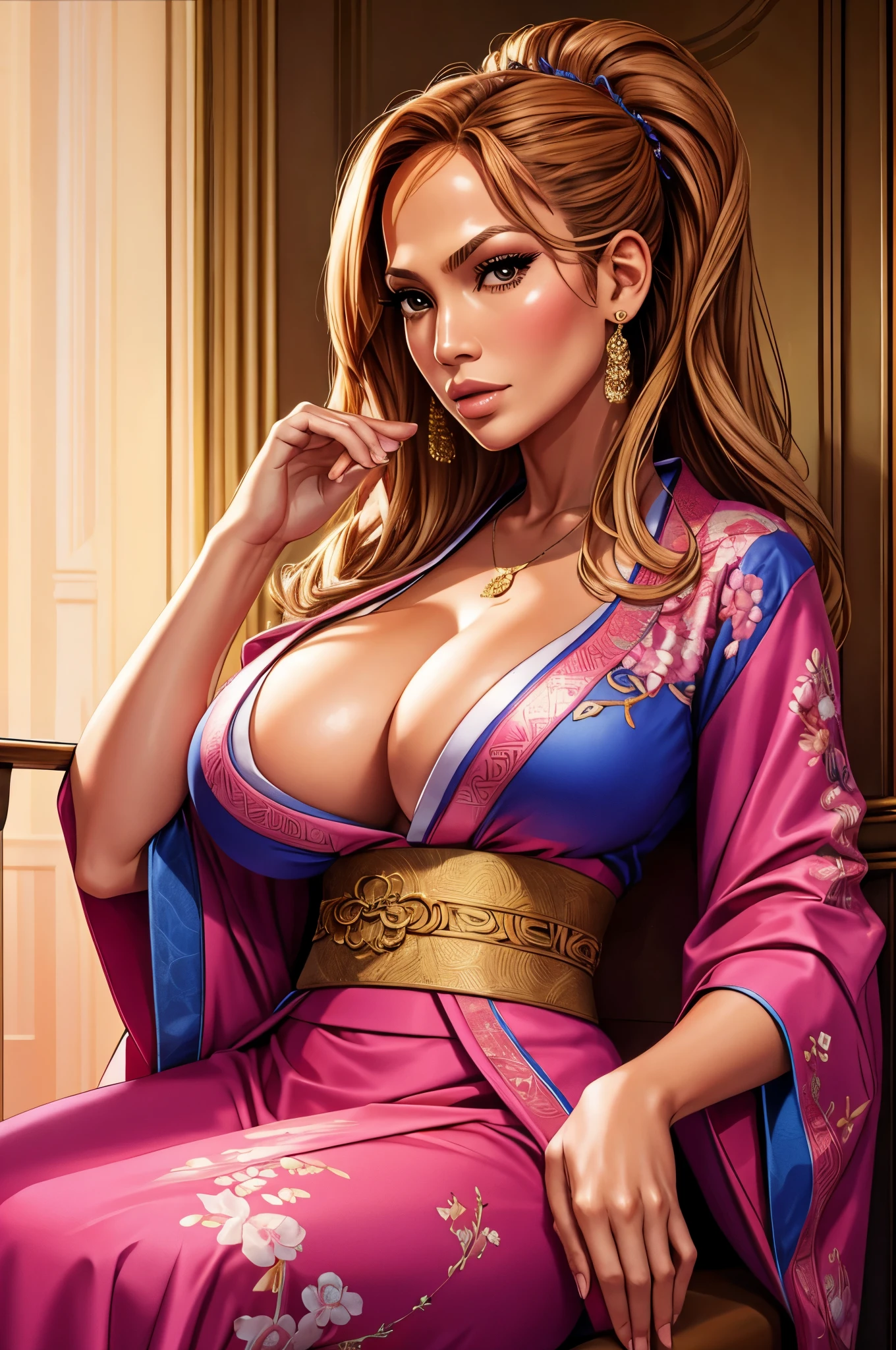 Jennifer lopez posing for an albumcover wearing a pink embroidered kimono, cleavage