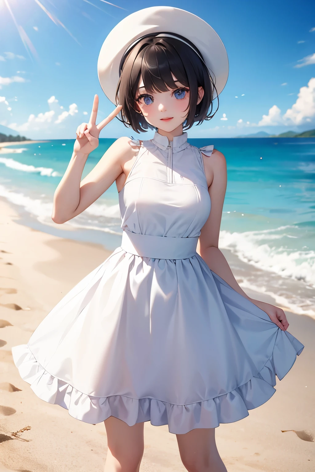 masterpiece, anatomically correct, textured skin, high details, high quality, best quality, (perfect eyes), 1 girl, beach, 1 piece dress, white dress, posing, ((peace sign pose)), black hair, short hair, full body, standing, hat