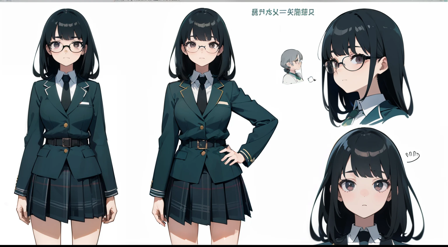 ((masterpiece, highest quality)), detailed face, character sheet, whole body, full of details, Multiple poses and expressions, very detailed, depth, many parts, 1 girl, school uniform, seifuku, ((masterpiece, highest quality)), detailed face, character sheet, whole body, full of details, Multiple poses and expressions, very detailed, depth, many parts, 1 girl, 16 year old Japanese girl with dark spots, smile, waistline length hair (((Big shining black eyeusty:1.2))) ((( Awkward and shy posture))),wears strong round glasses(Silver thin metal round glasses)。 (dark green blazer uniform、The shirt is white with a green plaid tie and a dark green chuck pattern skirt.) ((long waist hairstyle)) (((black hair)))((Looks like the same character々Draw many scenes, poses, and expressions))