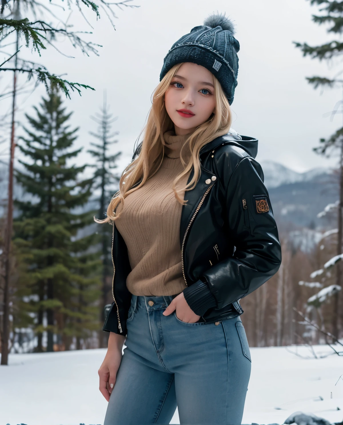 1girl, (Blue Eyes), (smiling), (Sana Minatozaki), wide hips, Big tits, big ass, (Best Quality, 8k, Masterpiece: 1.3), Clear Focus: 1.2, Perfect Body Beauty: 1.4, strong abs :1.2, Highly detailed face and skin texture, detailed eyes, double eyelids, black lined eyes, red lips, (blond long hair), brown sweater, warm winter jacket, jeans, winter hat, standing, dynamic pose, on a snowy mountain, on top of a mountain, snowing, very cold, pine trees in the background, blurred background