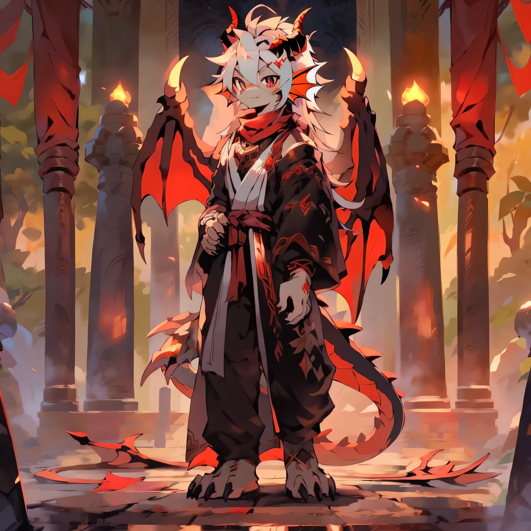 glow tattoo, Color is black、Red and gold tones, 18k, Demon King, Long hair for men, brave, red scarf, toenails, paw, Ultra-clear pupils, vertical pupil, Tattoo of scales, elongated tail, Dragon Wings, shorter pants, Flame tattoo, Oriental style, Fin ears, Squamous skin, dragon boy, forehead gem, oriental architecture, soft lines, digital level, standing posture, soft light, Japanese cartoons, Japanese cartoons style, best quality, 8k, Ultra-detailed, anatomically correct, high resolution, high detail, masterpiece, best quality