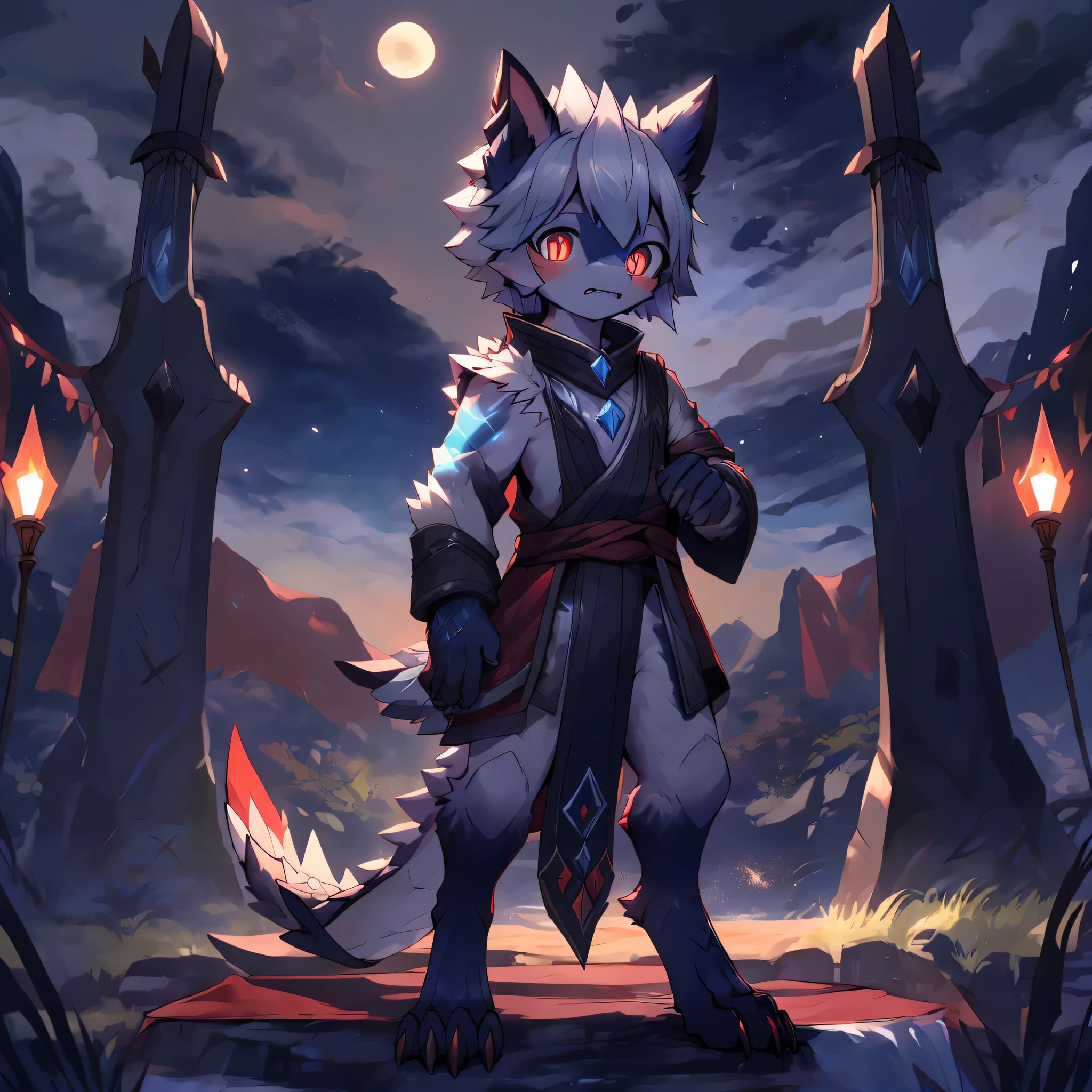 luna boy, Shota, monster hunter, bite, Transformation中期, Transformation, stamp, moon, Dragon and wolf hybrid,ice cold, digital level, silver hair, red vertical pupils, standing posture, ultra high definition, masterpiece, precise, anatomically correct, high detail, best quality, 8k, high resolution, soft lines