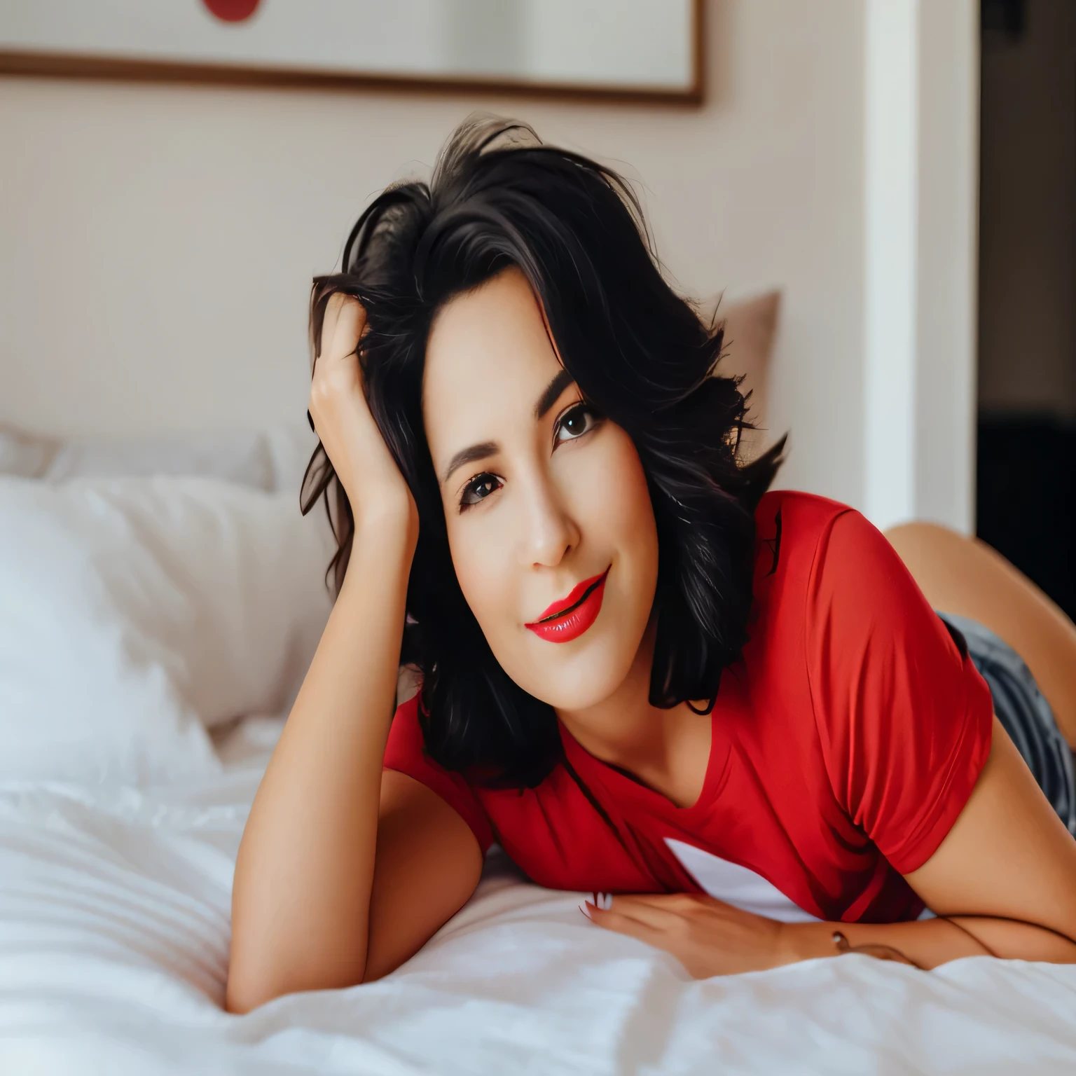 there is a woman deitado em uma cama with a red shirt, cheeky smile with red lips, foto de uma linda mulher, mulher com cabelo preto, Alina Ivanchenko, mulher atraente de cabelo castanho, mulher atraente, linda e sorridente, imagem de perfil, sorriso charmoso, sorriso sedutor, Anastasia Ovchinnikova, with a sorriso sedutor, foto de retrato, deitado em uma cama