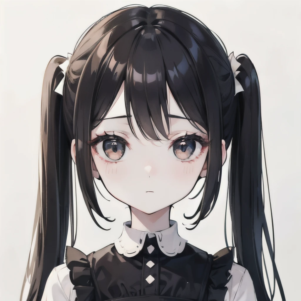Girly girl, shy, pale skin, pigtails, childish, , babrl, , black hair, dark brown eyes, face close-up, wearing white dress