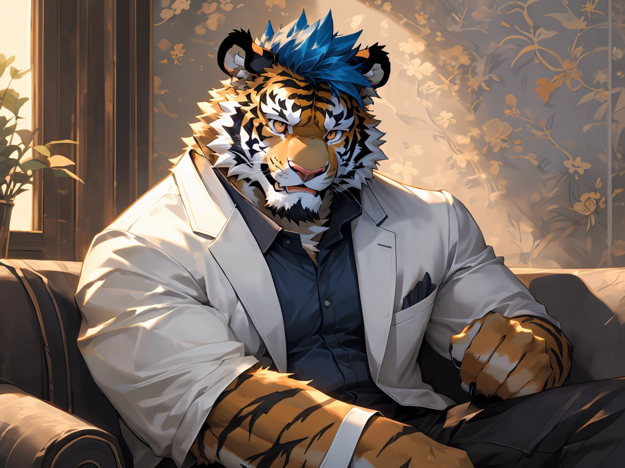 Hairy tiger orc，Mature，Strong body，Wearing a Tang costume，Wearing a monocle，Left arm on the table，Right arm supporting chin，The pupils are light blue，，The lower half of the body is blocked by the table，Background in antique shop，Anime two-dimensional style，Highlight the upper body of the tiger orc，Expression smile，Background blur，with a shallow depth of field，The face of the person is clearly visible