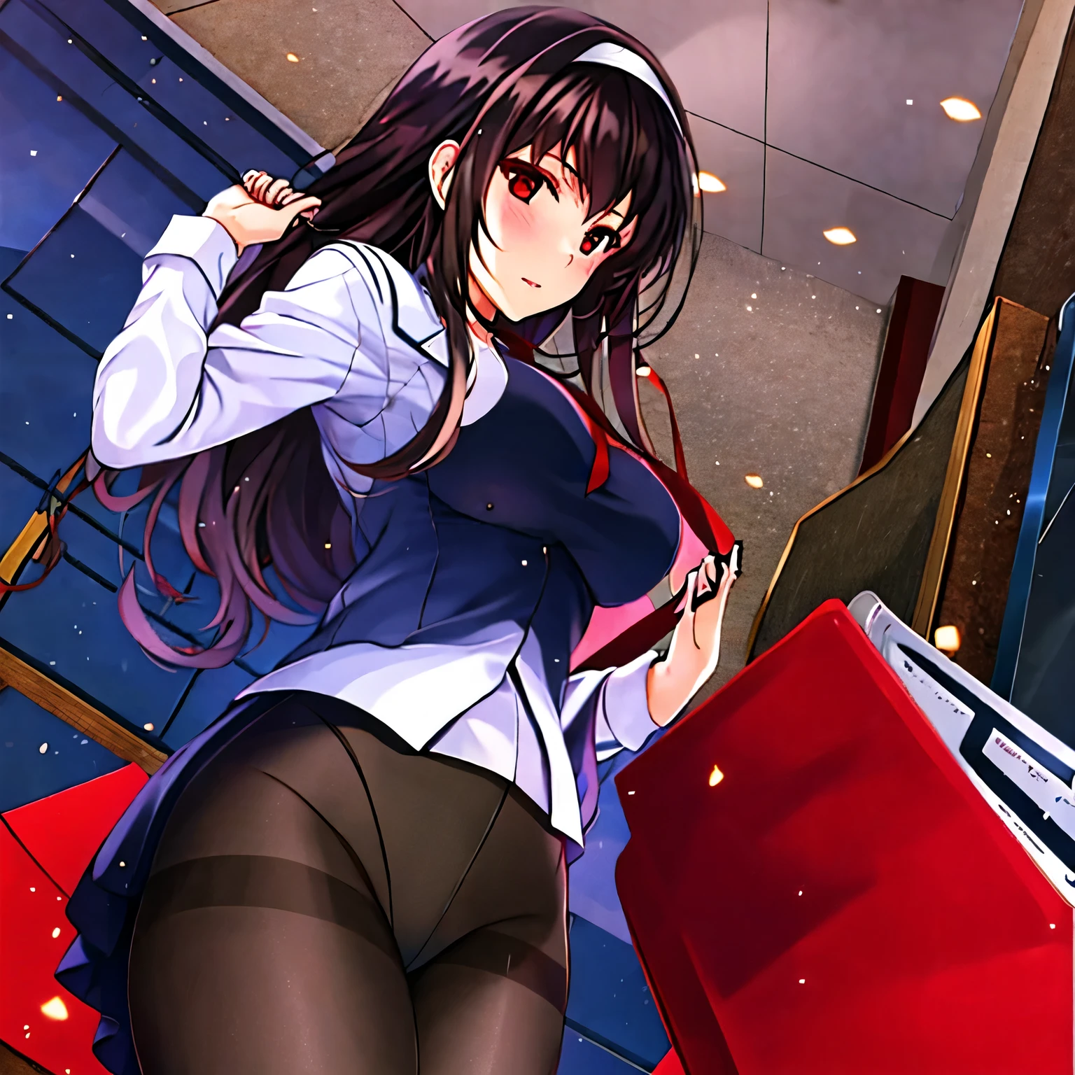 (best quality:1.2), 1 girl, alone, white ribbon, black hair, red eyes, pantyhose,
