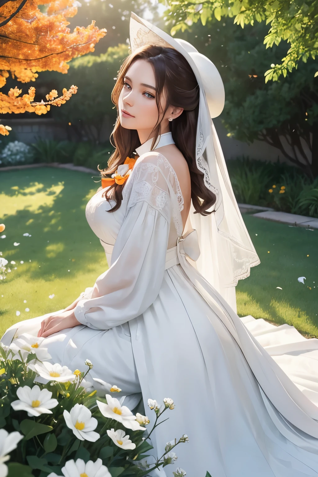 A captivating side profile portrait of a young woman, dressed in a pristine white gown, adorned with a delicate white hat, serenely seated amidst the blooming whites of a garden outside her quaint house. Her radiant blue eyes gaze off into the distance, lost in thought. In the foreground, a regal Persian cat with an elegant white bow ties its gaze on the scene with intrigue, its golden eyes gleaming with curiosity. The vibrant white sky above is scattered with leaves of orange and red, drifting slowly in the gentle wind. The crisp green grass and intricately patterned white petals surround the pair, creating an ethereal tableau. The sunlight filters