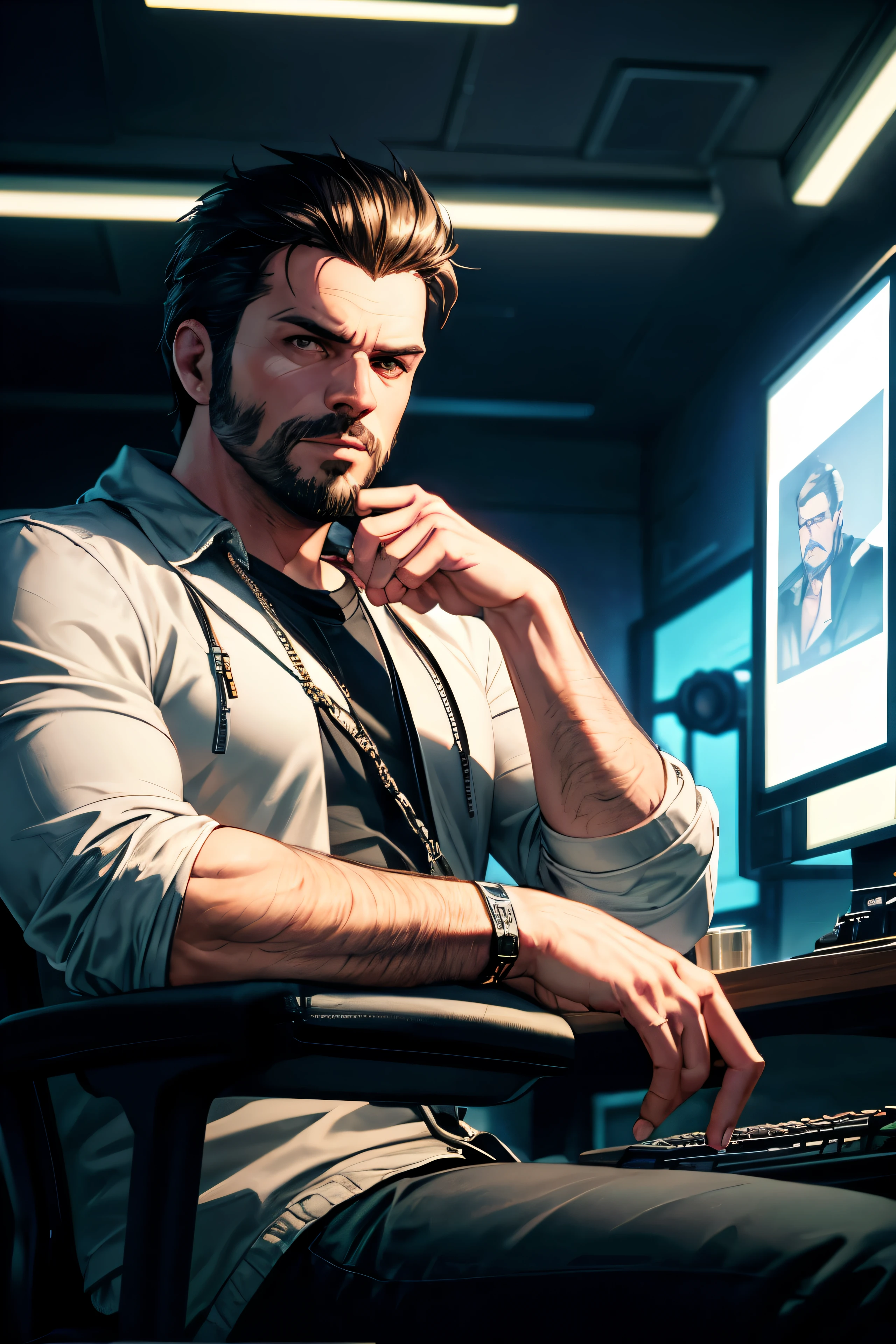 Trailer de Grand Theft Auto, homem, Corpo todo, Rosto com detalhes realistas, com barba curta e cabelo estiloso, Sentado na frente de um computador, Vista lateral, ambiente de grande escala, Rich in technological details and decorations , in the style of narrative compositions, realista, but romantic, retroonda, Desenhos fotorrealistas