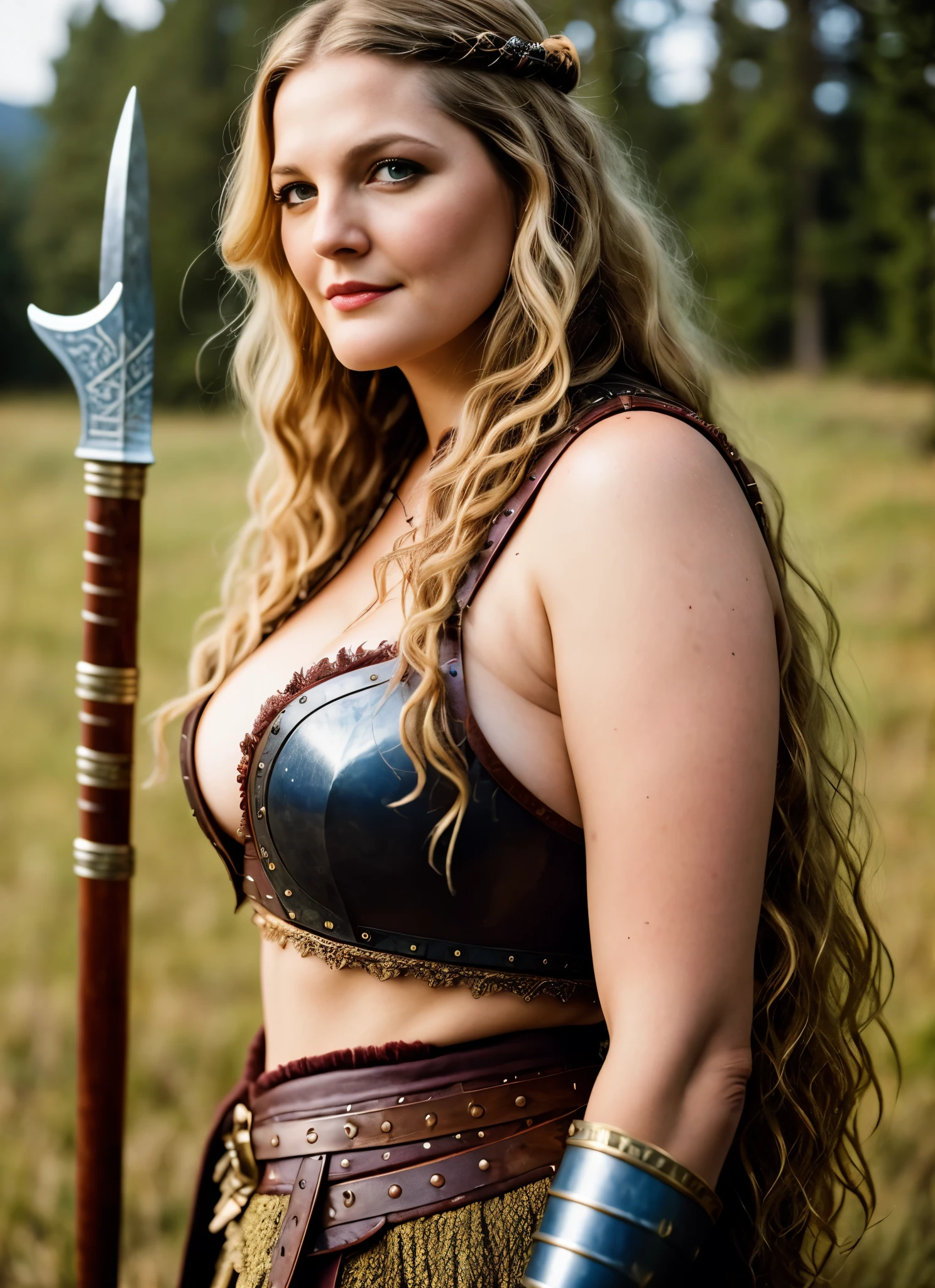 Looks like Drew Barrymore, A stunning intricate full color portrait of (sks woman:1) as (viking warrior), (barbarian), extremely seductive woman, busty outfit, perfect plus size Beauty, Barbarian warrior queen, fluffy streax hair, styled hair, epic character composition, by ilya kuvshinov, alessio albi, nina masic, sharp focus, natural lighting, subsurface scattering, f2, 35mm, film grain,