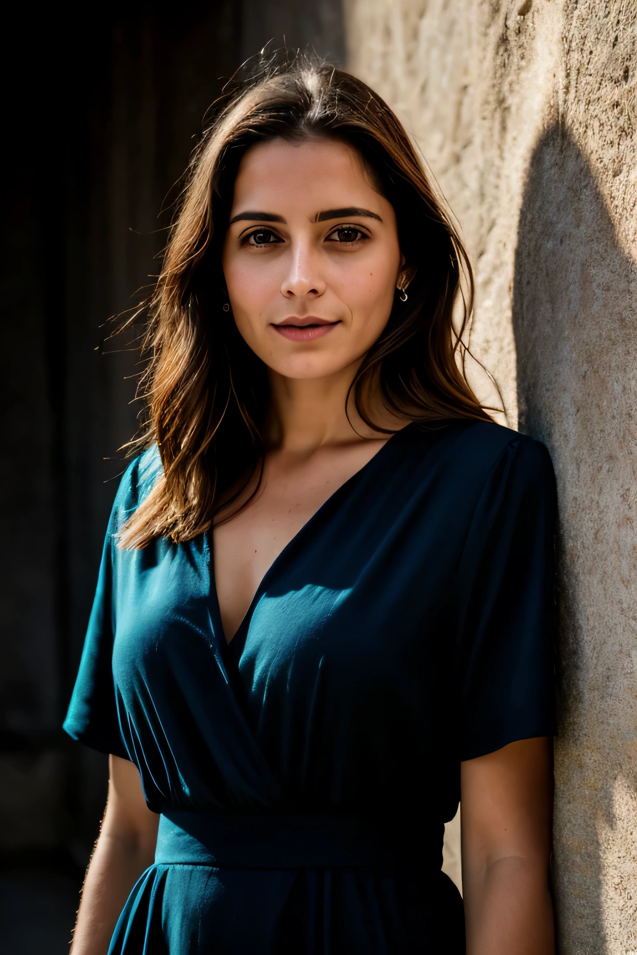 Foto CRU, foto de retrato de rosto de linda de 26 anos.ah mulher, rosto fofo, usando vestido preto, cara feliz, sombras duras, cinematic shot, dramatic lighting