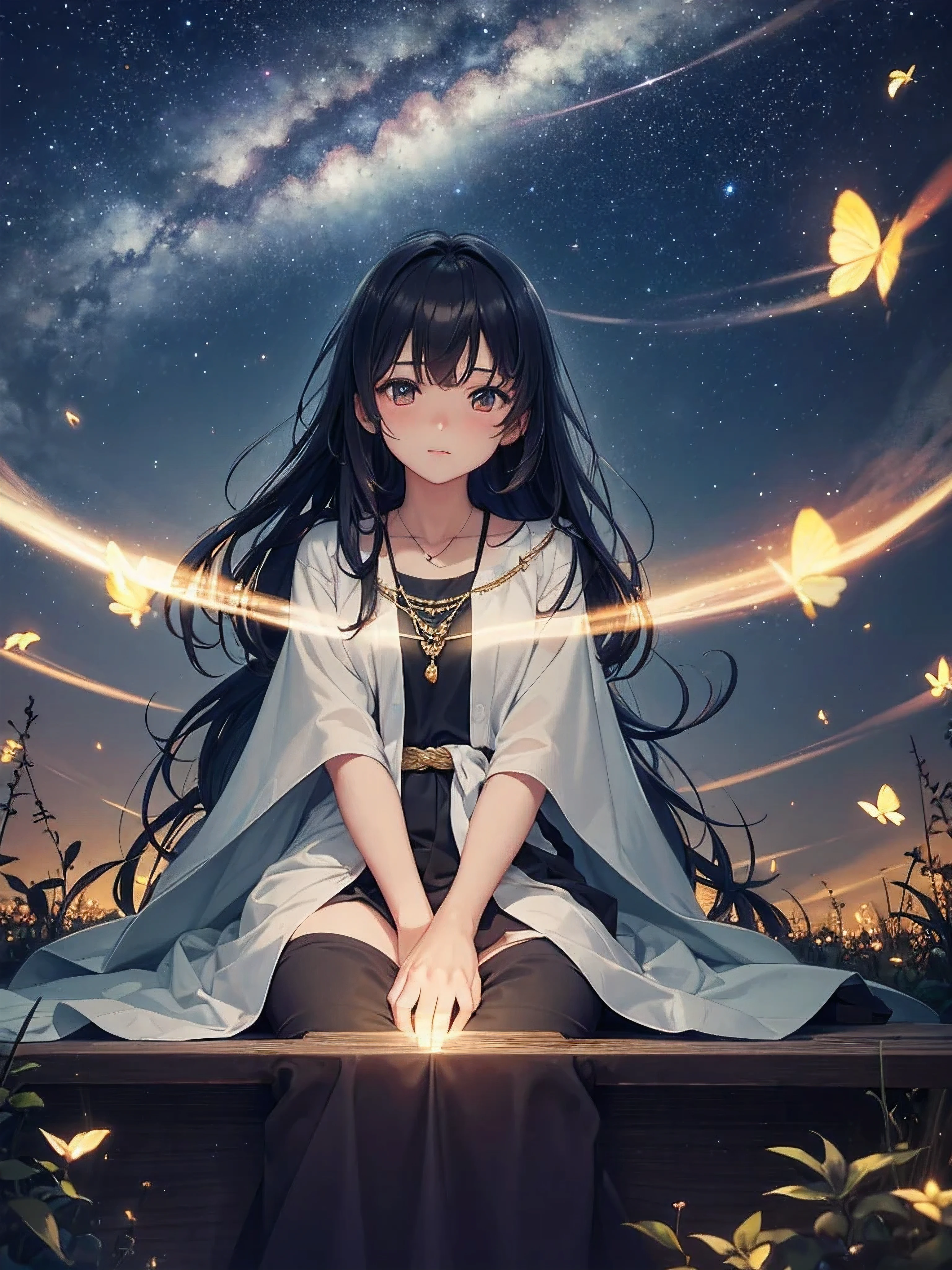 Masterpiece, top quality, 32K ultra HD, sharpen, octans, sky, star (sky), scenery, starry night, solitaire, outdoors, 1 boy with sword , admiring, seated, fragile charm, night sky, silhouette, city skyline, tree, long hair, cascading, shimmering milky way, building, cloud shadows, soft focus, glowing fireflies, tranquility, peace, ethereal, serene, emblem of stillness, enchanting, spellbinding, mesmerizing, captivating.