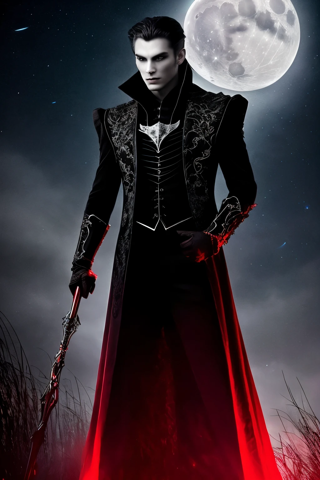An eternal vampire, clad in black, stands elegantly under the moonlight, his red-glowing eyes reflecting the thirst for blood and the mystery of centuries of existence. The intricate texture of his velvety black attire is visible under the silver moonbeams, each thread glistening with a hint of iridescence. His porcelain-like skin, seemingly untouched by time, displays the faintest shimmer of moonlight, showcasing a subtle, almost ethereal glow. His captivating eyes, with their vivid red glow and intricate veins, pierce the darkness, exuding an intimidating and alluring presence. The moonbeams dance across