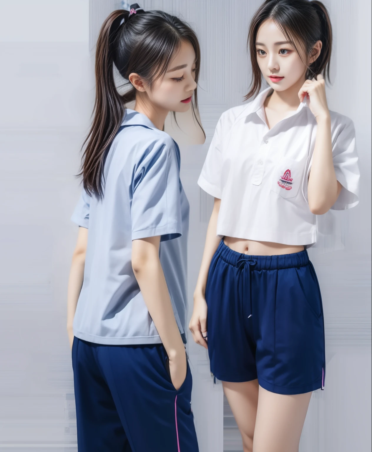 2 girls in fitness center, Blue short-sleeved shirt,Sweatpantsขายาวสีกรมท่า,Sweatpants, Sweatpantsขายาว,25 year old girl, lesbian, sexy, exercise clothes, wet body, exercise clothes