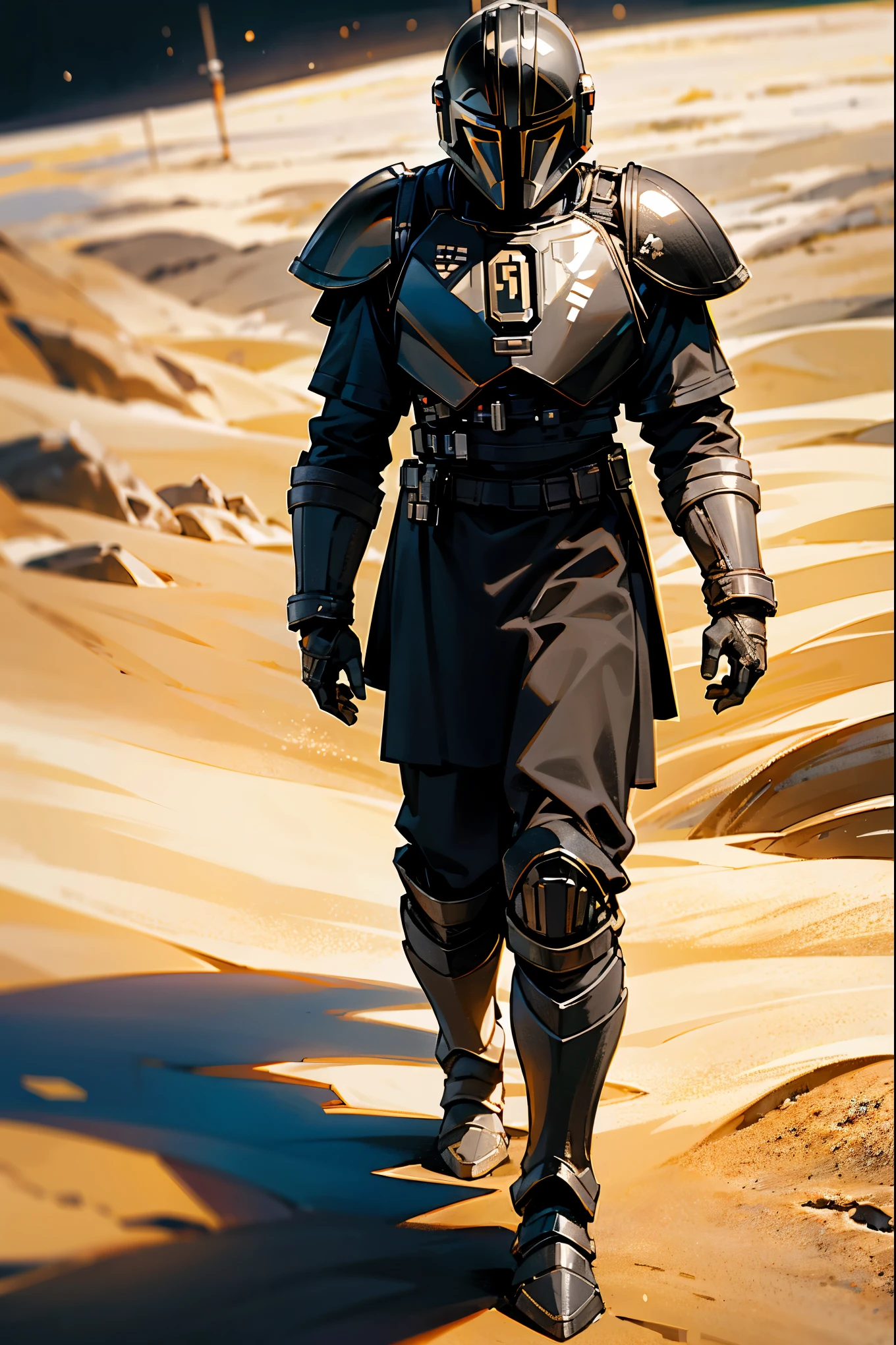 1male, space armor, black armor, black space armor, Mandalorian armor, black clothing, hands behind back, black hair, short hair, black eyes, serious expression, walking on path, sandy background, windy, space background