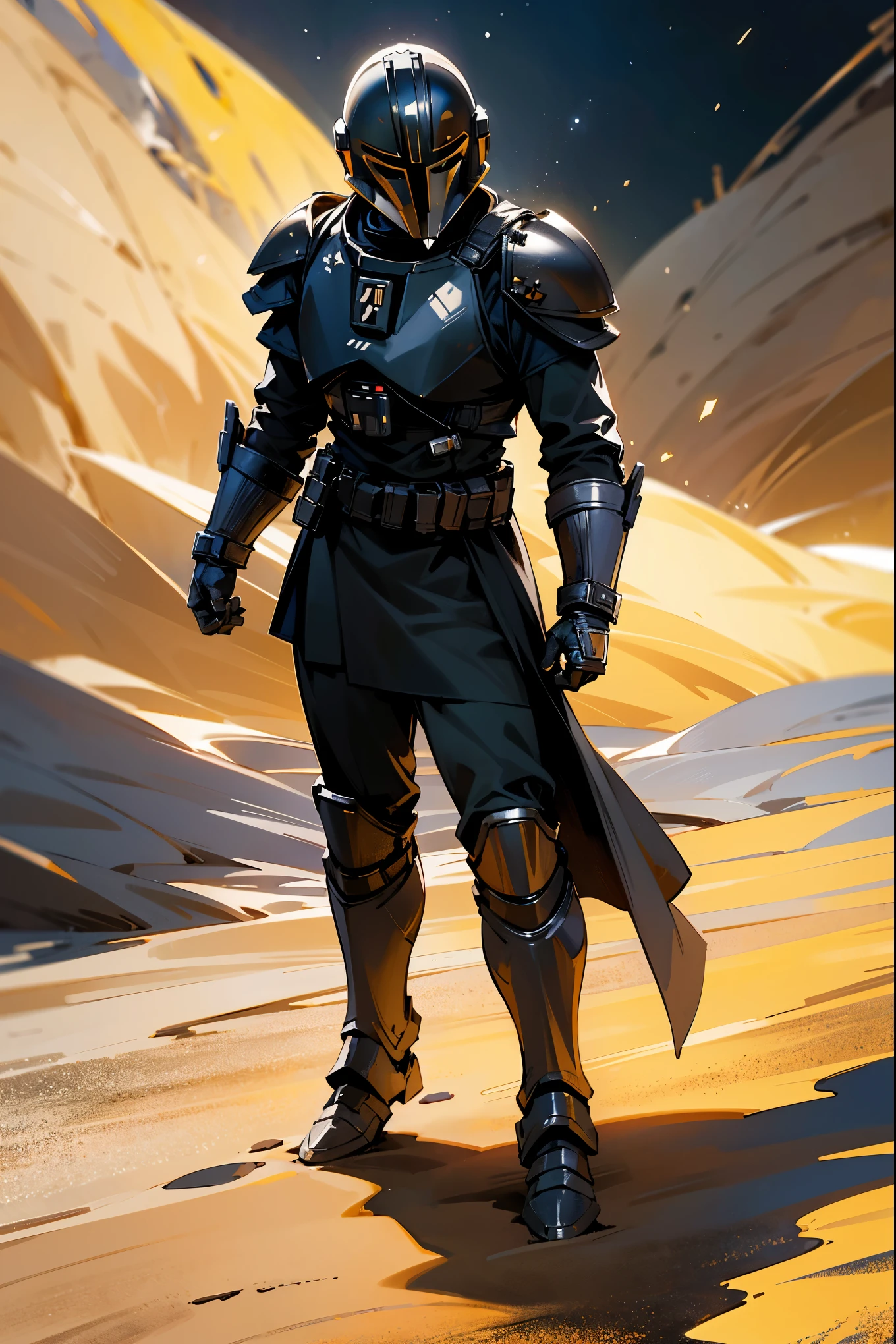 1male, space armor, black armor, black space armor, Mandalorian armor, black clothing, hands behind back, black hair, short hair, black eyes, serious expression, walking on path, sandy background, windy, space background