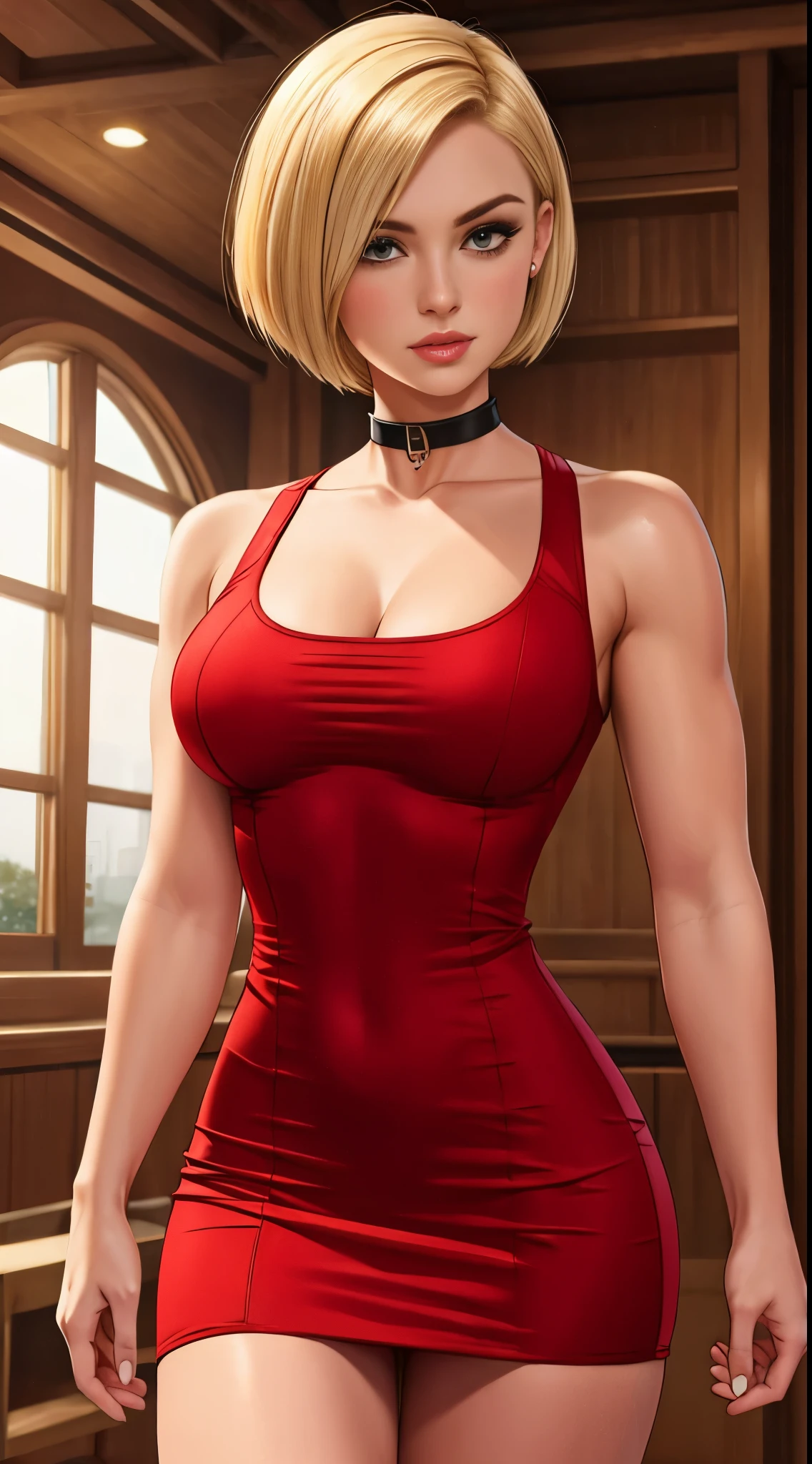 short red dress, undercut platinum bobcut  blonde hair, small breasts, fit, muscular, short hair, mercenary