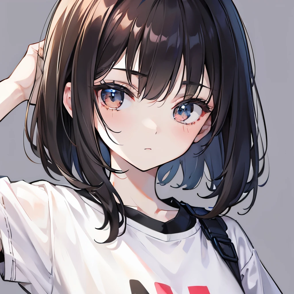 Girly girl, pale skin, childish, ???, baby girl, , black hair, dark brown eyes, face close-up, wearing white t-shirt, porcelain skin